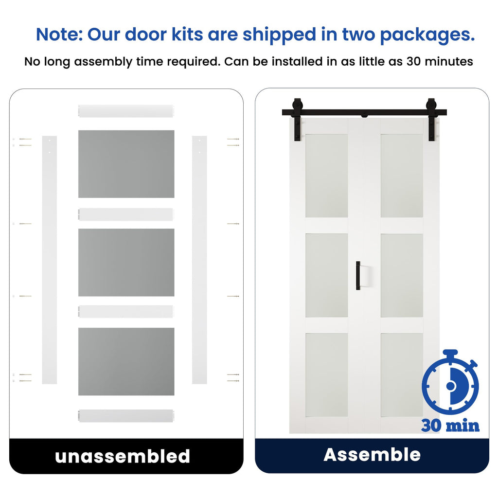 SMARTSTANDARD 72in x 84in Bifold Barn Door, Frosted Glass Barn Door with Hardware Kit Included, Pre-Drilled Holes Easy Assembly -Solid Barn Doors Slab Covered with Water-Proof PVC Surface, White