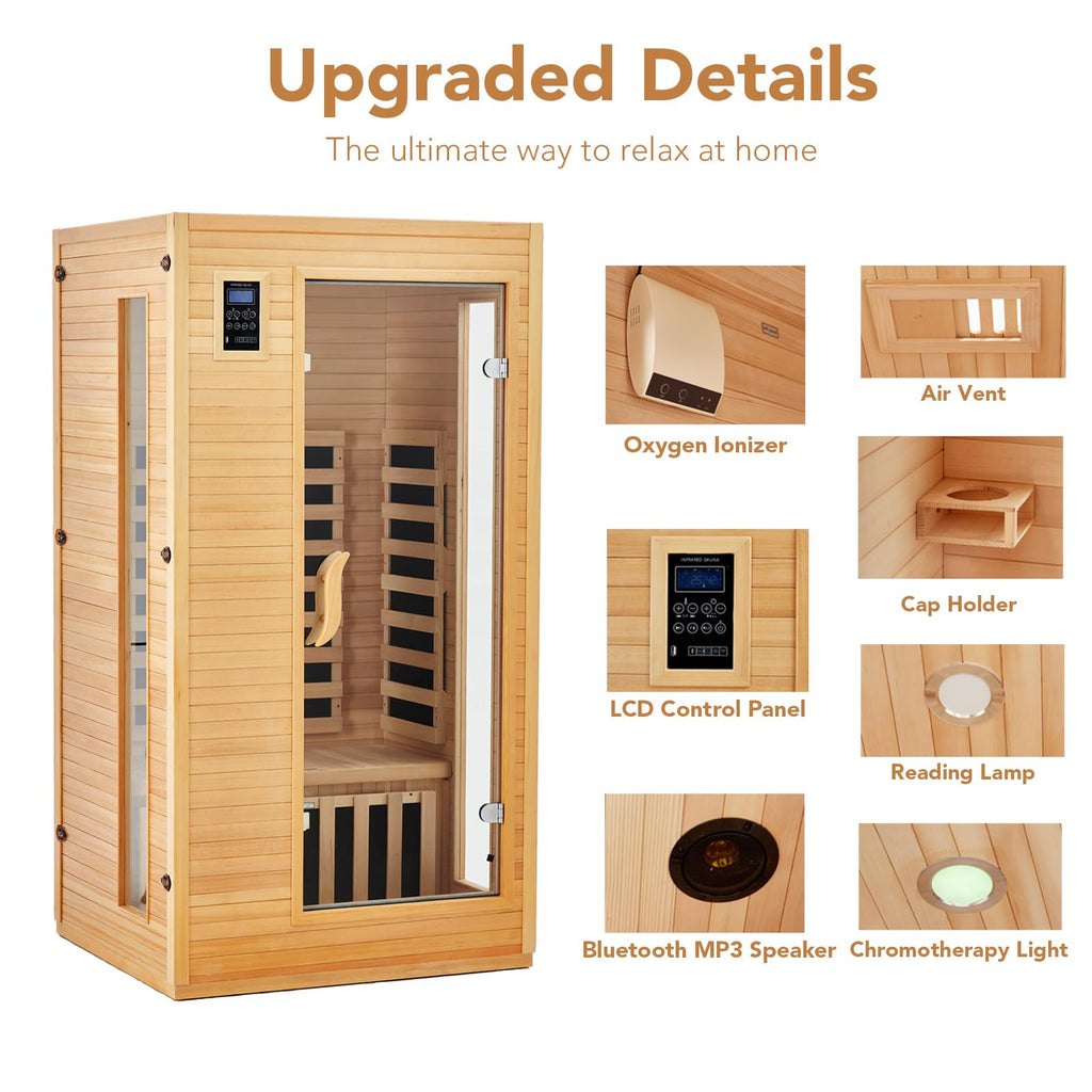 Garvee 2024 Upgrade 1 to 2 Person Sauna, 6 Heating Plate Infrared Physical Therapy Wooden Dry Steam Sauna, Low EMF, MP3 Auxiliary Connection, Dual Controls Inside and Outside Fits, Home Spa Day Use
