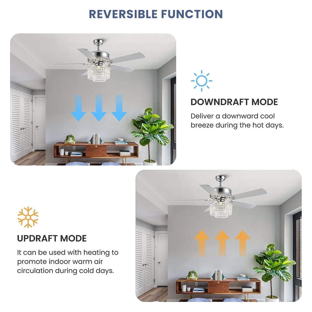 CROSSIO 52 Inch Crystal Ceiling Fan with Light and Remote Control, Modern Chandelier Fan with 5 Reversible Wood Blades Chrome Fandelier for Living Room Bedroom (Fine line Crystal-Ceiling Fan)