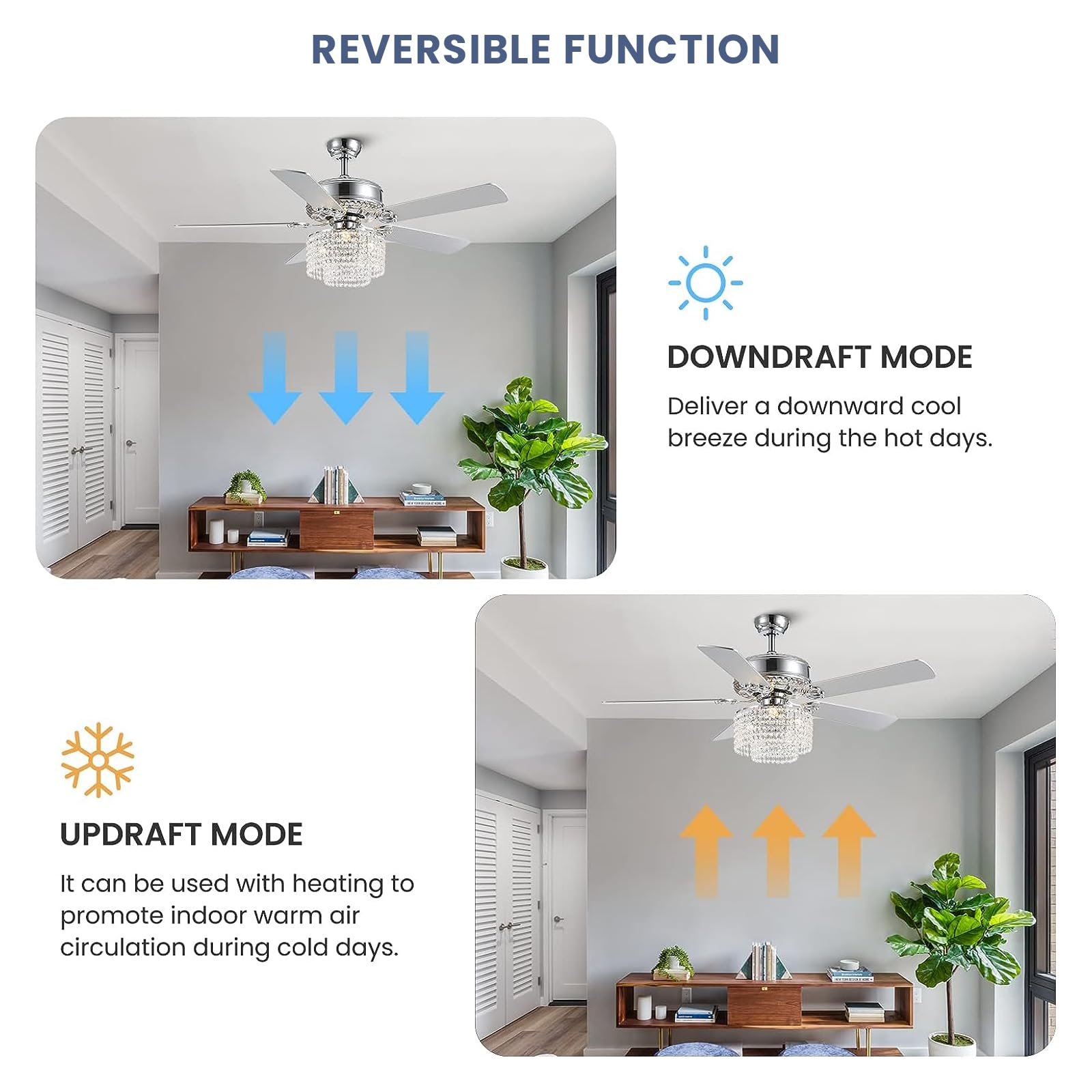 CROSSIO 52 Inch Crystal Ceiling Fan with Light and Remote Control, Modern Chandelier Fan with 5 Reversible Wood Blades Chrome Fandelier for Living Room Bedroom (Fine line Crystal-Ceiling Fan)