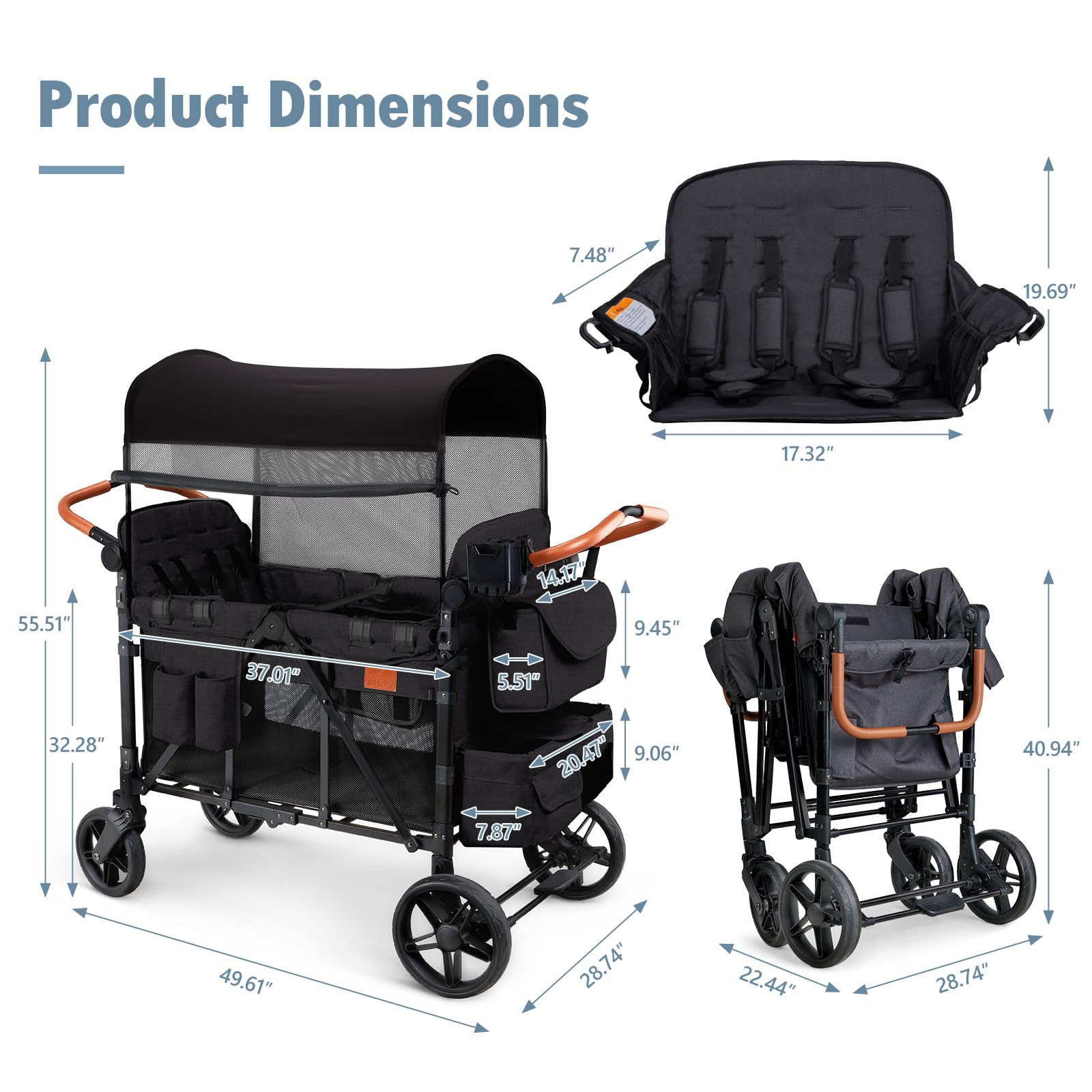 ZTDM Wagon Stroller for 4 Kids, All-Terrain Wagon for Toddler with Canopy, Parent Organizer, Shoulder Bag, Adjustable Handlebar, Phone Holder, High Seat & 5 Point Harness, Ultimate Quad (Black)