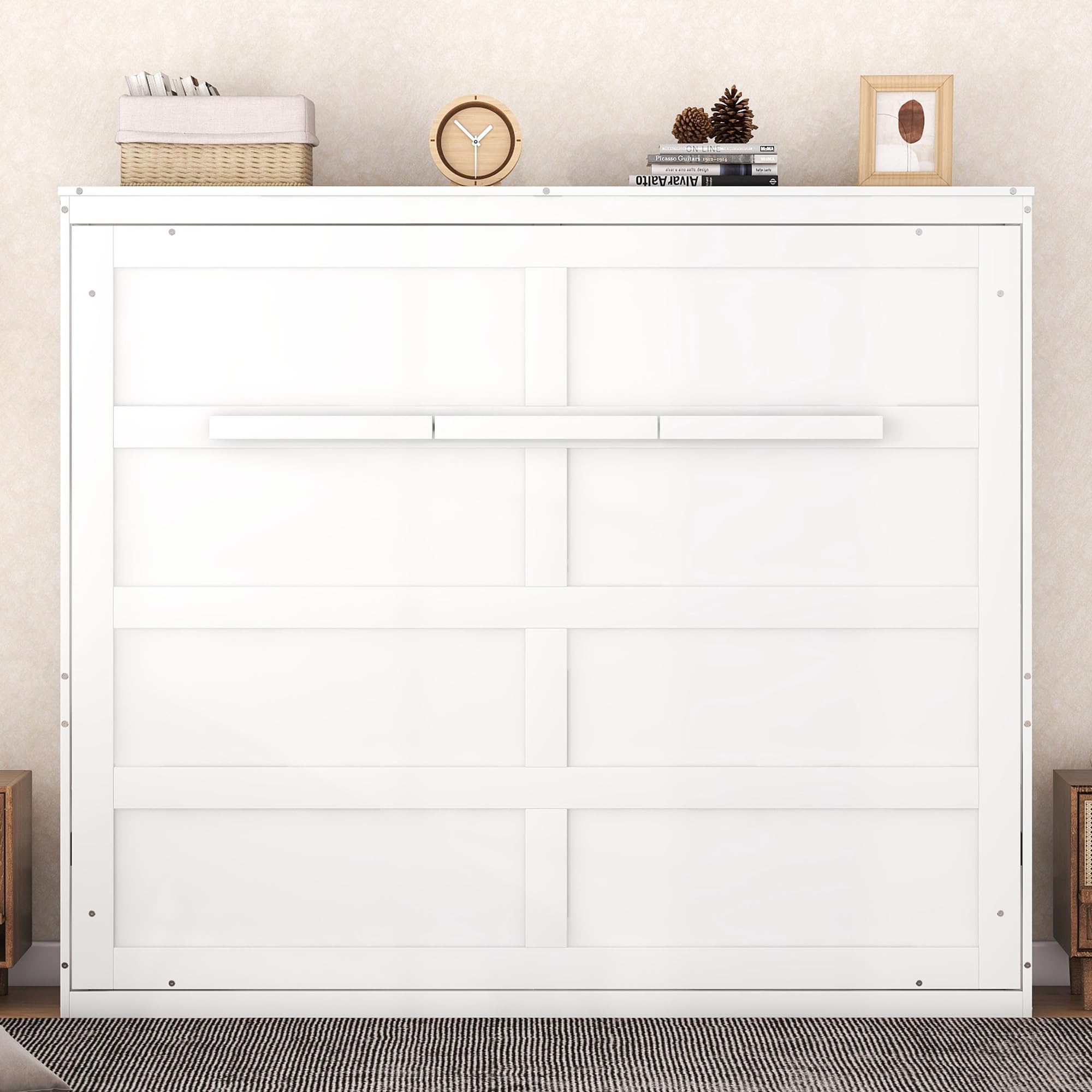 Ball & Cast Murphy Bed Queen Size,Farmhouse Murphy Cabinet with Storage Shelf,Wood Hidden Wall Bed,Foldable Platform Bed,Space-Saving,No Box Spring Needed,White