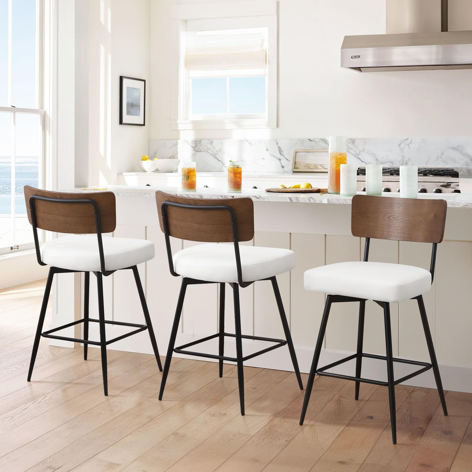 Bekrvio Counter Height Swivel Bar Stools Set of 4, Upholstered Faux Leather Barstools with Wood Backs and Metal Legs, 26" Seat Height Counter Bar Stool for Kitchen Island, White