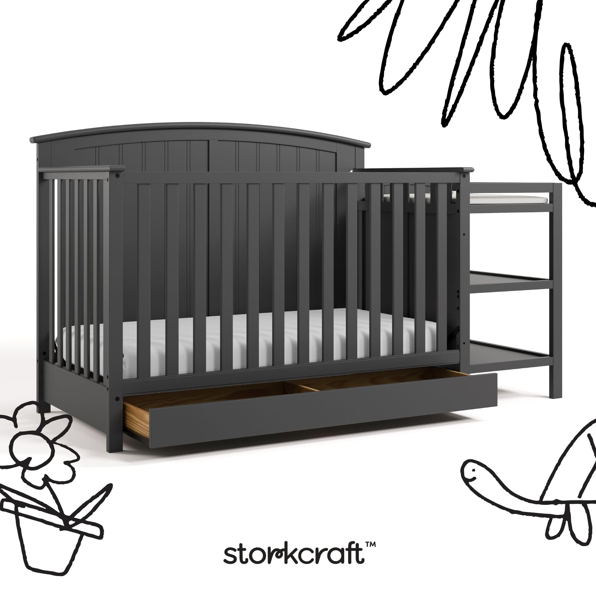 Storkcraft Steveston 5-in-1 Convertible Crib & Changer – GREENGUARD Gold Certified, Fits Standard Crib Mattress, Converts to Toddler Bed and Full Bed, 4 Adjustable Mattress Heights (Gray)