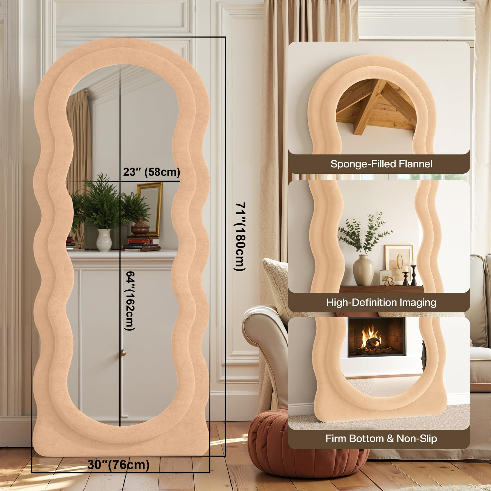 Anpark Full Length Mirror 71"x30" Irregular Wavy Full Body Wall Mounted Floor Mirror with Stand Milk Tea Flannel Frame Leaning Hanging Wall for Bedroom Entrance Hallway