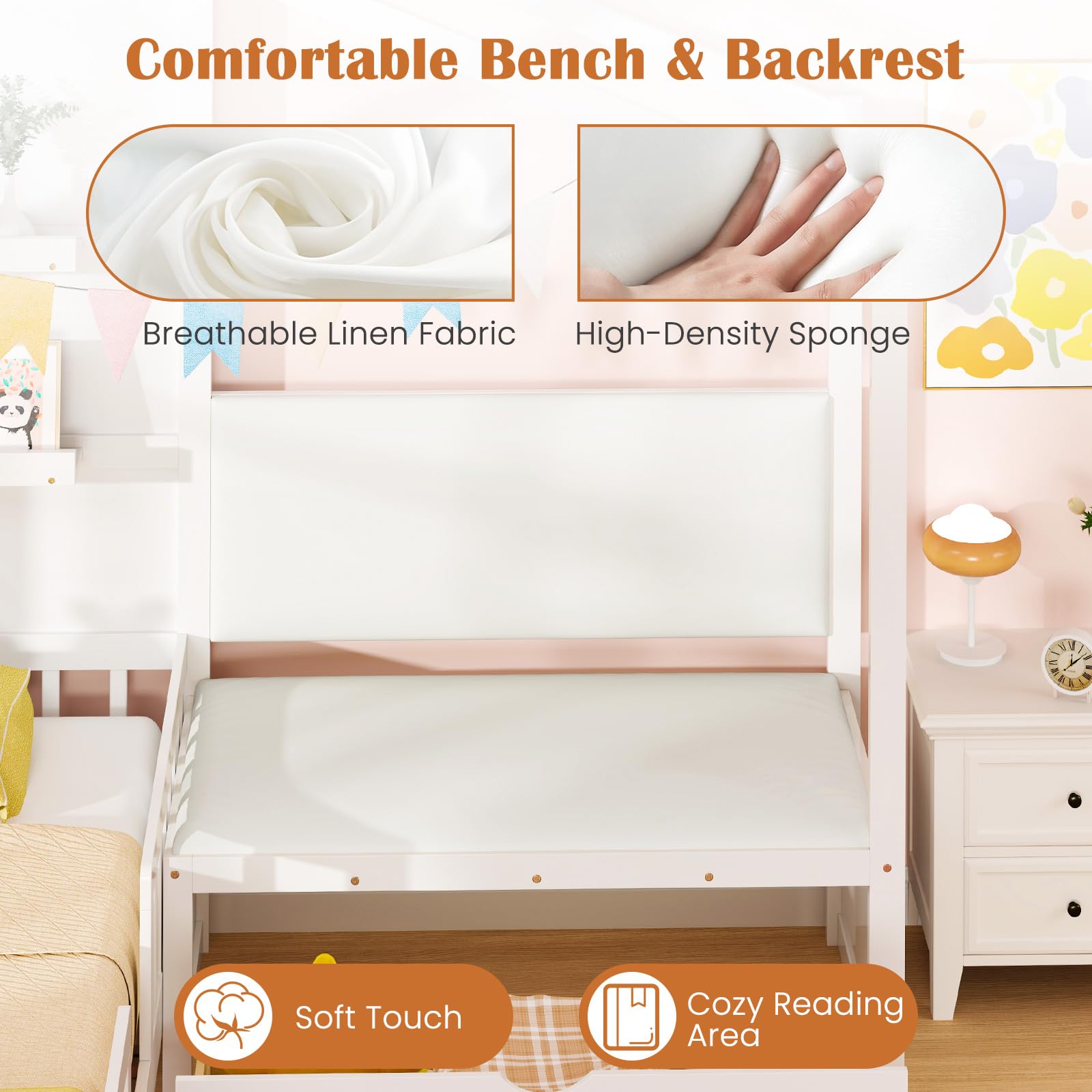 Giantex Twin House Bed for Kids, Wooden Kids Twin Bed Frame with Padded Bench, Floating Bookcase & 2 Rolling Storage Drawers, Wooden Montessori House Bed for Girls Boys, No Box Spring Needed, White
