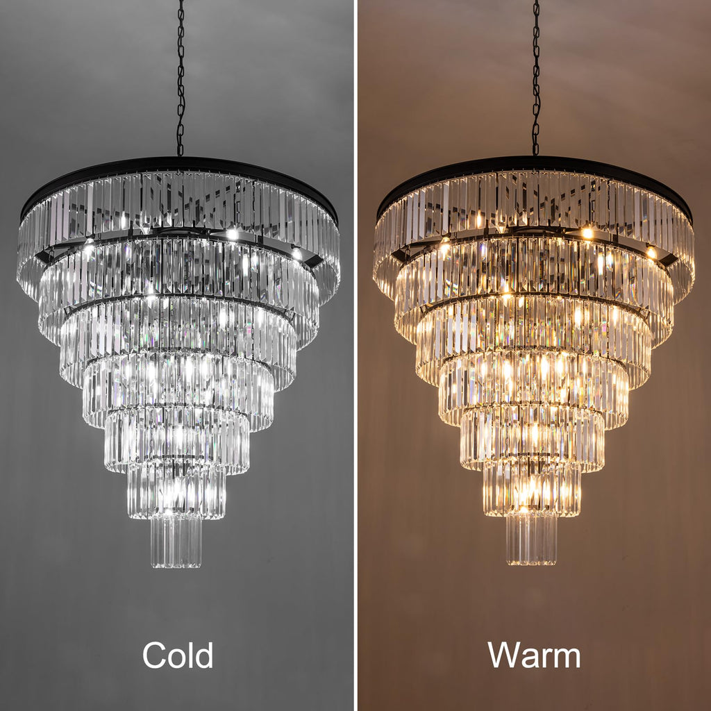 TOCHIC Large Crystal Chandelier for High Ceiling, 40 inch 7-Tier Modern Black Crystal Chandeliers Lighting Fixture, Round Light for Entryway Staircase Foyer Living Dining Room (Black, 40 Inches)