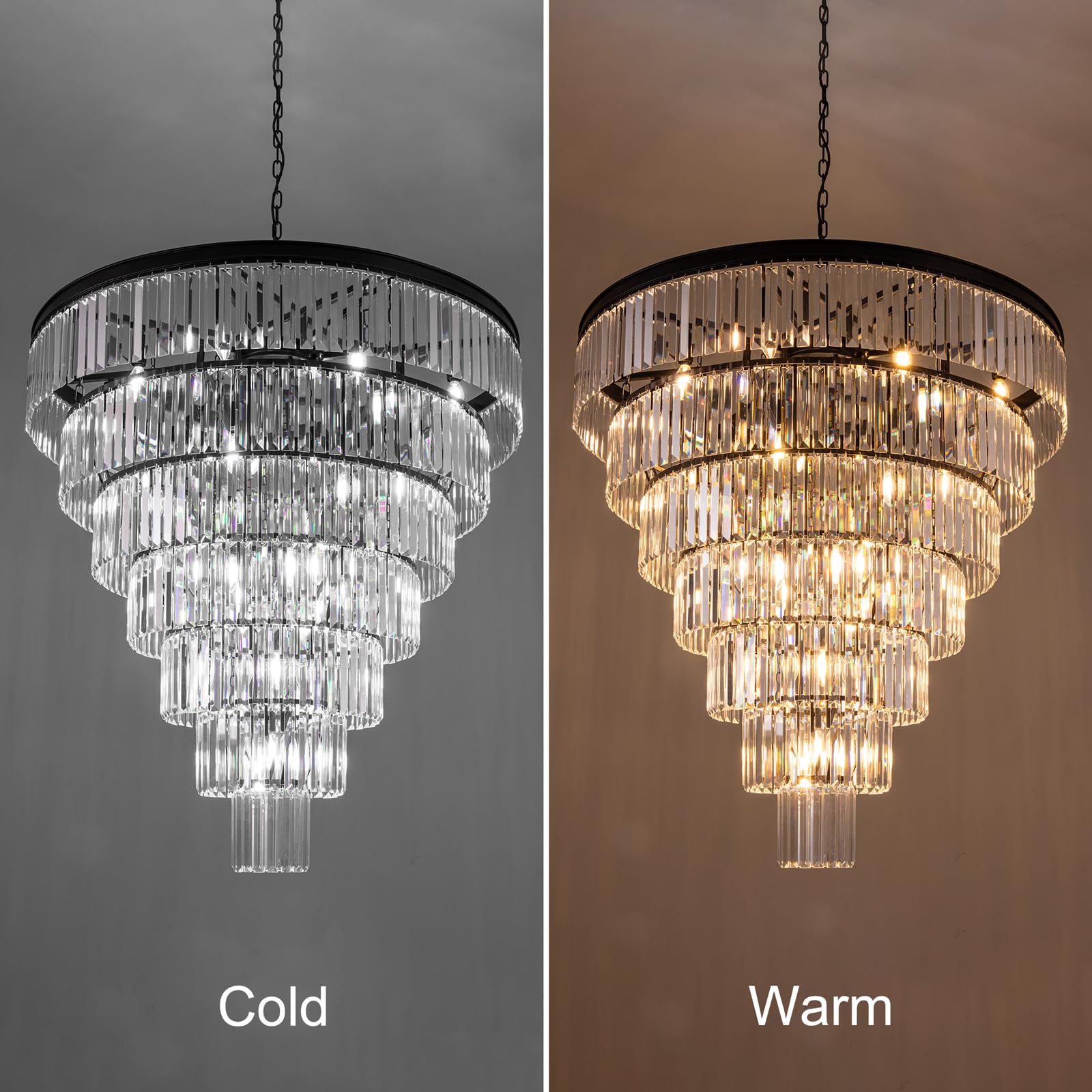 TOCHIC Large Crystal Chandelier for High Ceiling, 40 inch 7-Tier Modern Black Crystal Chandeliers Lighting Fixture, Round Light for Entryway Staircase Foyer Living Dining Room (Black, 40 Inches)