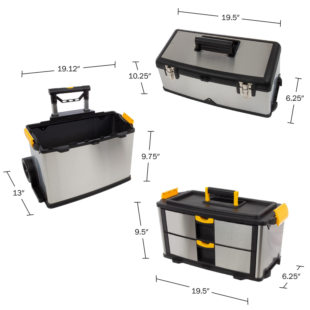 3-Part Portable Tool Box - Stainless-Steel Drawer Organizer with Wheels, Extendable Handle and Tough Latches - Rolling Tool Chest by Stalwart (Silver)