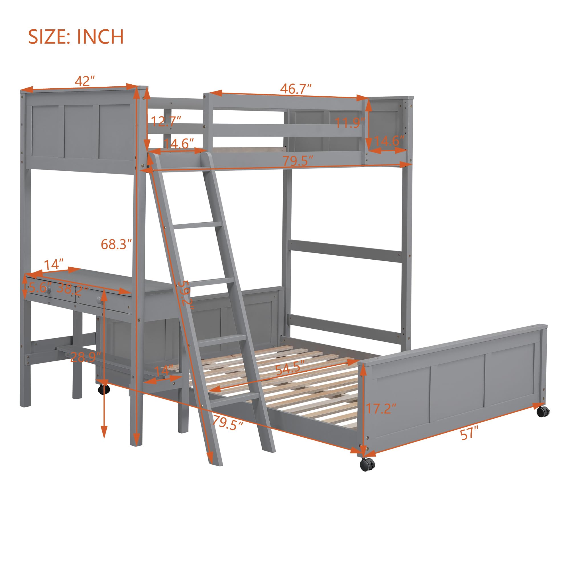 Merax Twin Over Full Bunk Bed with Desk,Wood Loft Bed Frame Saving Space for Boys,Girls,Teens,Grey