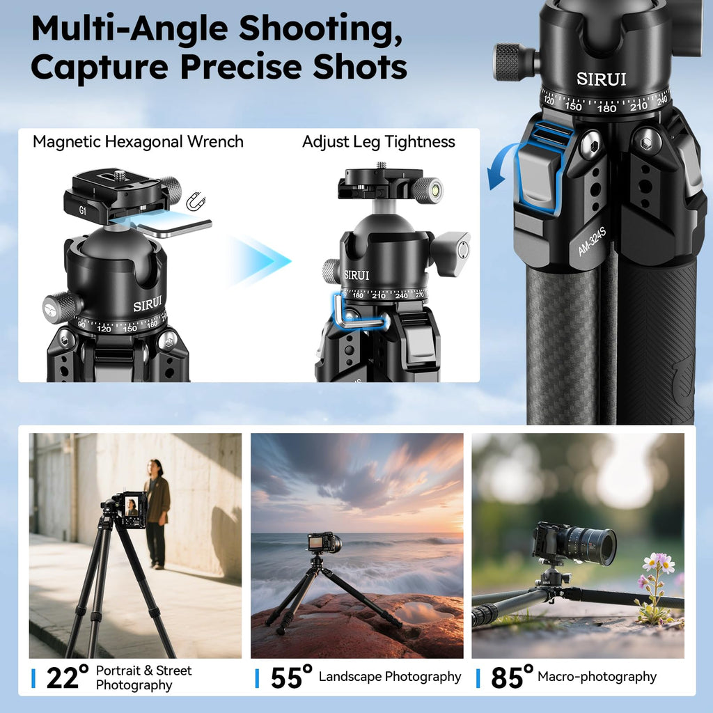 SIRUI Heavy-Duty Carbon Fiber Tripod, 59.8” Pro Tripod with Low Center of Gravity Ball Head, 44lbs Load, 6 Mounting Ports, Corrosion Resistance–for DSLR, Mirrorless, Telephoto, Wildlife（AM-324S+G1）