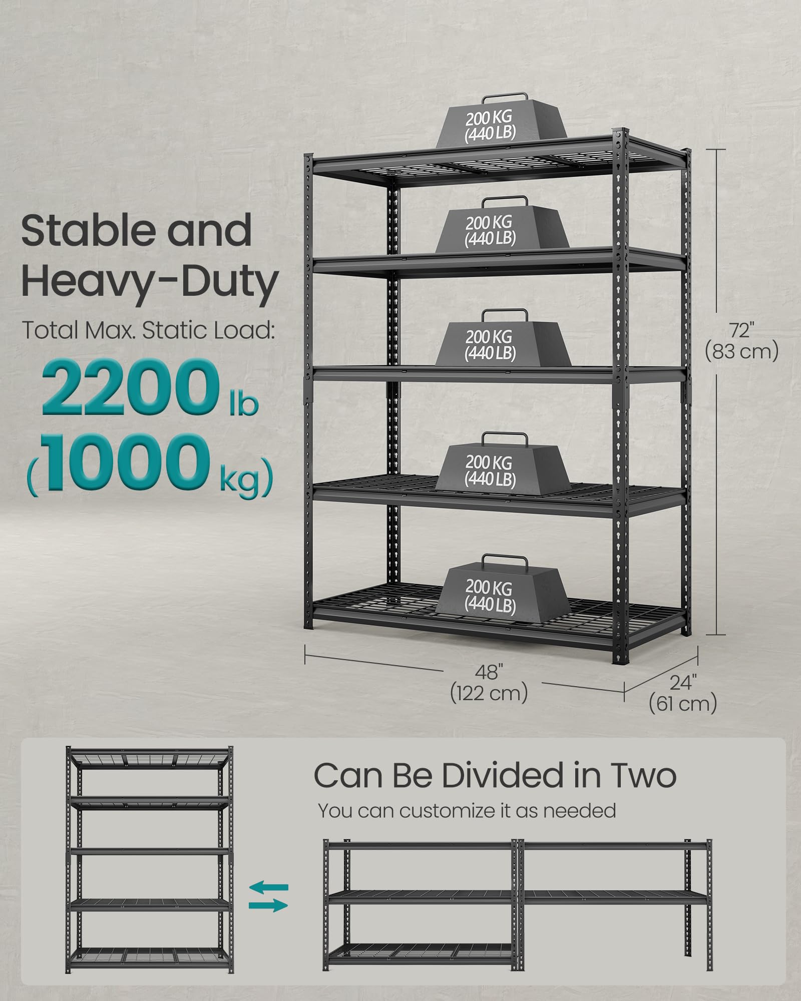 SONGMICS 5-Tier Storage Shelves, Heavy-Duty Garage Shelving, Adjustable Shelving Unit, Steel Shelf, Boltless Assembly, for Garage, 2,200 lb Load, 24 x 144 x 72 Inches, Ink Black UGLR454B03