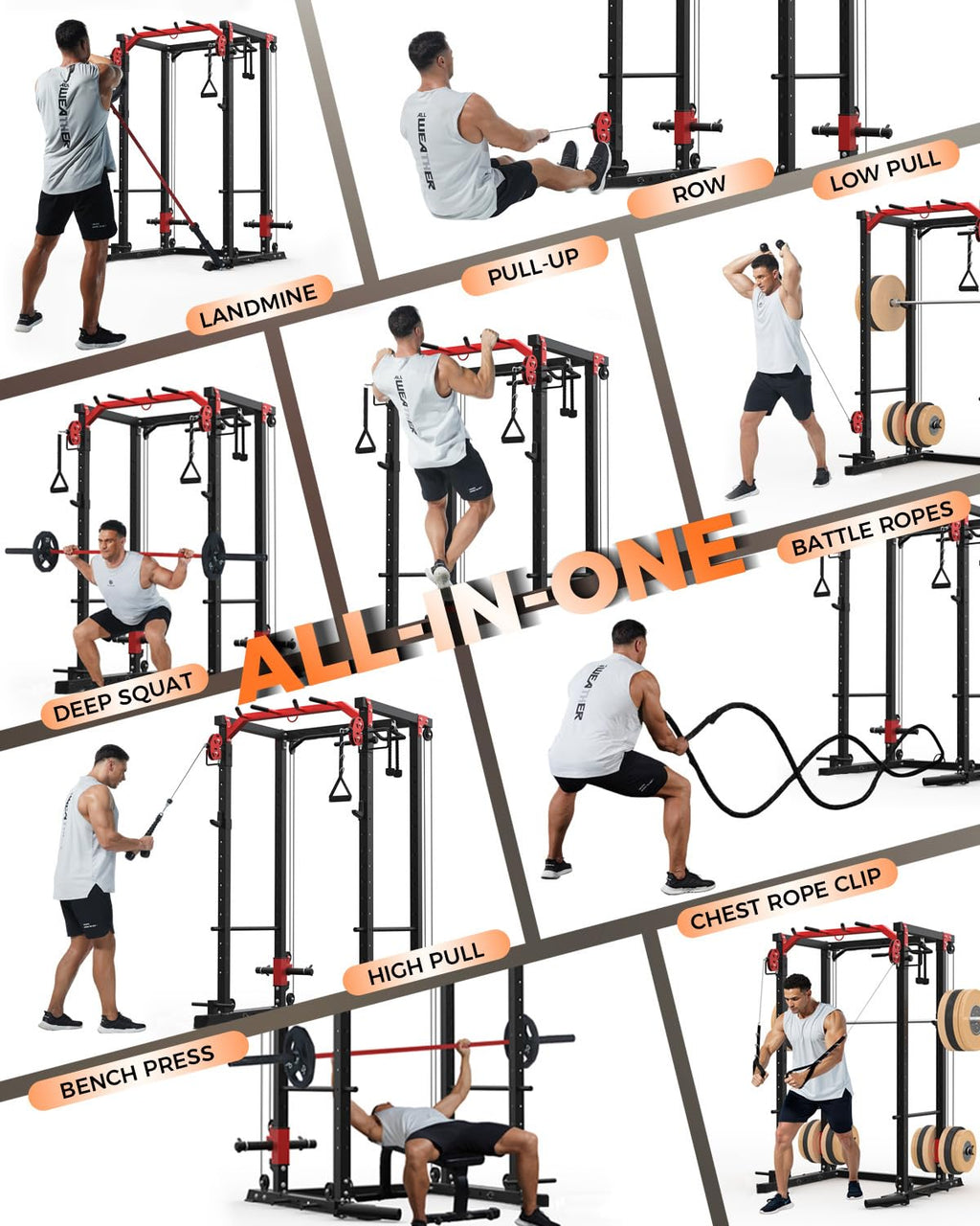 Power Cage, Power Rack with Cable Crossover System, 2000LBS Squat Rack with LAT Pull Down System, Workout Cage with Pulley System for Fitness Home Gym Strength Training