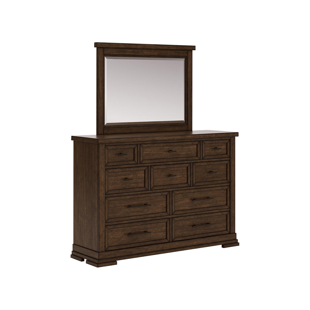 Signature Design by Ashley Taffenbrook Dresser with Mirror, 10-Drawer Storage Rich Brown Finish, Hardwood Solids, Mango Veneer, MDF Substrate, Bedroom Organization Style