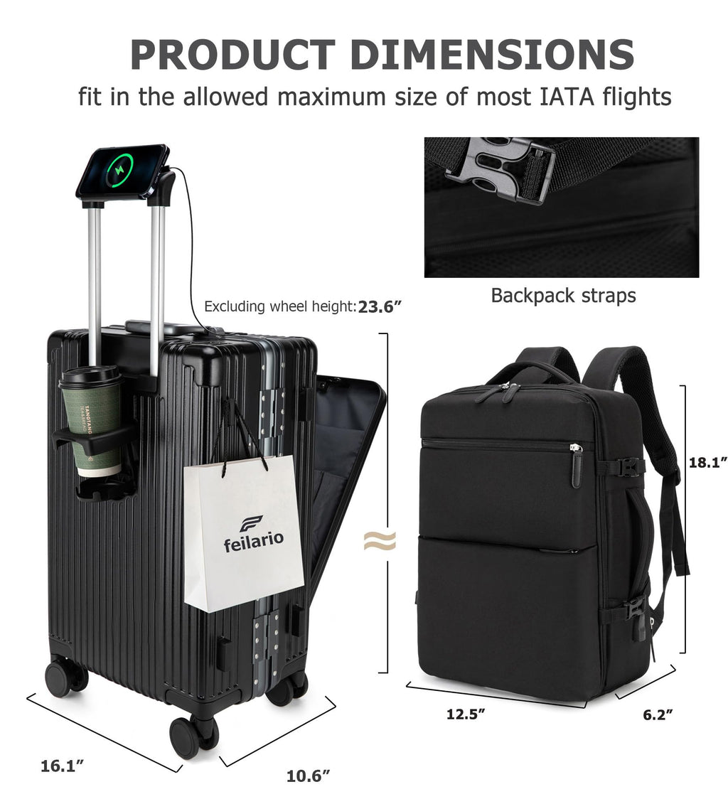 feilario 2 Piece Set Aluminium Frame PC Hard Shell Spinner Wheels Luggage,22.5"X15"X9.5" Airline Approved Built-In TSA lock Carry on Suitcase, with Cup Holder, USB Port, Phone Holder