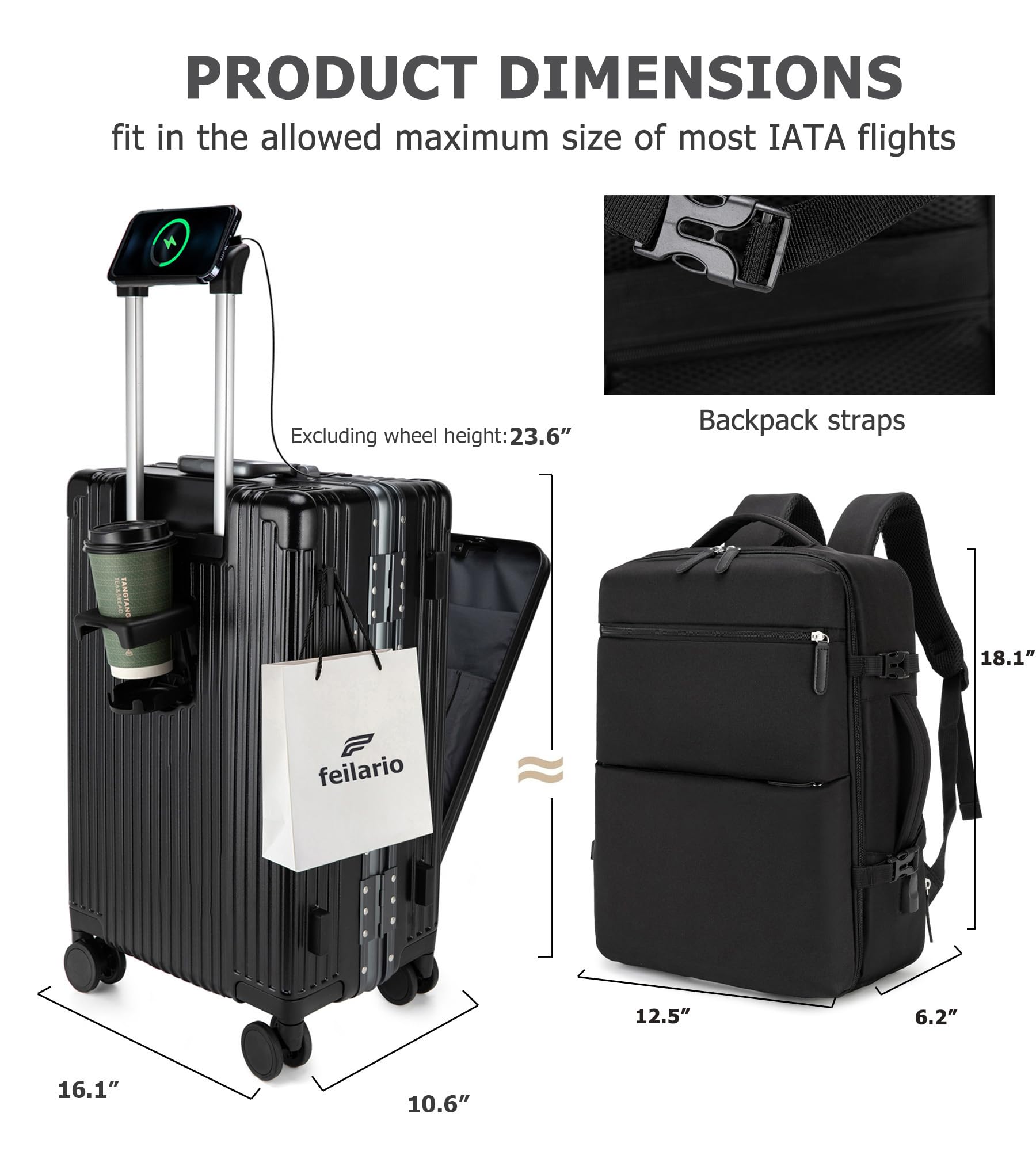 feilario 2 Piece Set Aluminium Frame PC Hard Shell Spinner Wheels Luggage,22.5"X15"X9.5" Airline Approved Built-In TSA lock Carry on Suitcase, with Cup Holder, USB Port, Phone Holder