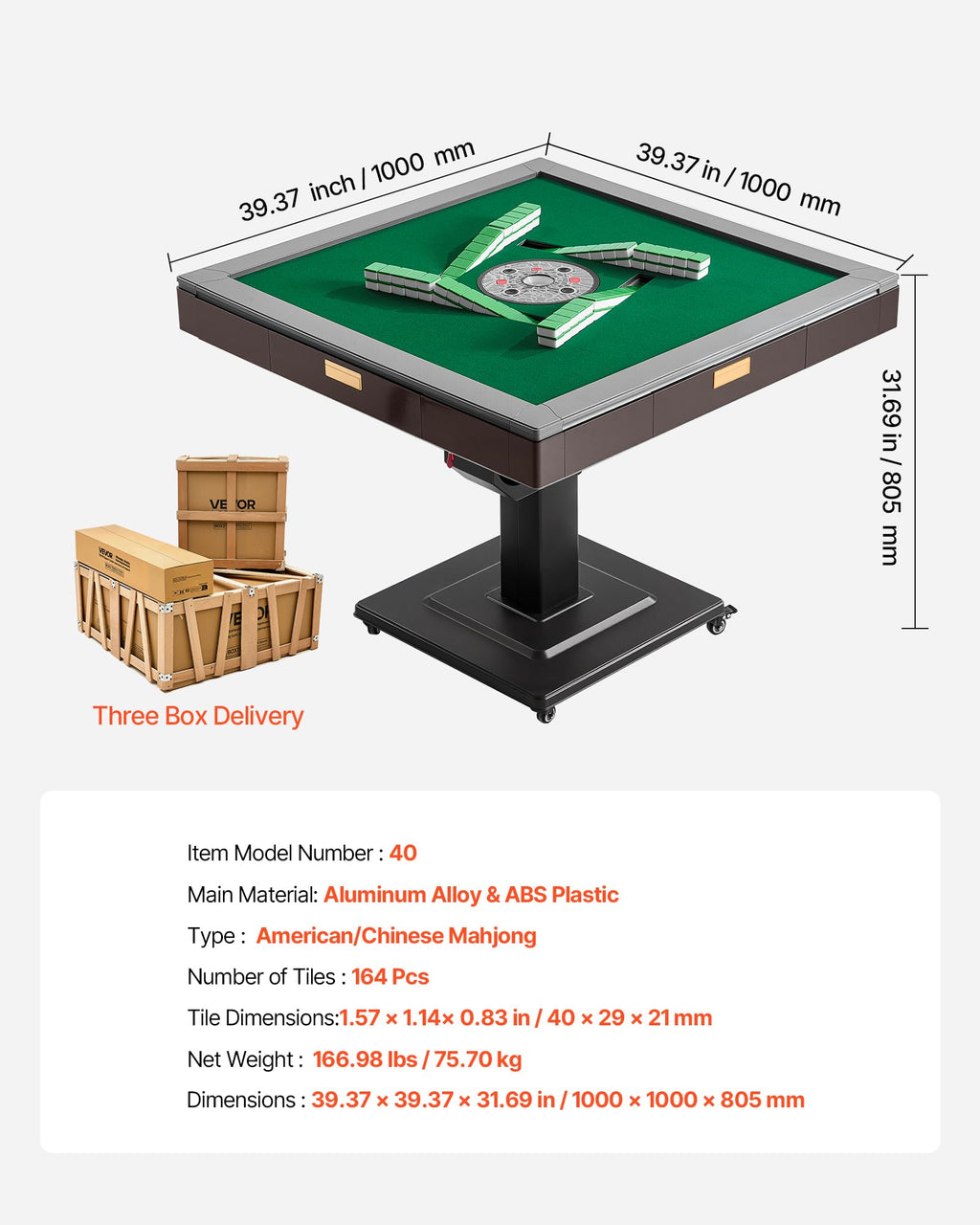 VEVOR Automatic Mahjong Table with Wheels, 2 Sets of 40 mm Tiles (164 Pcs), Roller Coaster Style Mahjong-Table, Foldable and Automatic Shuffler, for Home, Outdoor Leisure & Gifts for Mahjong Players