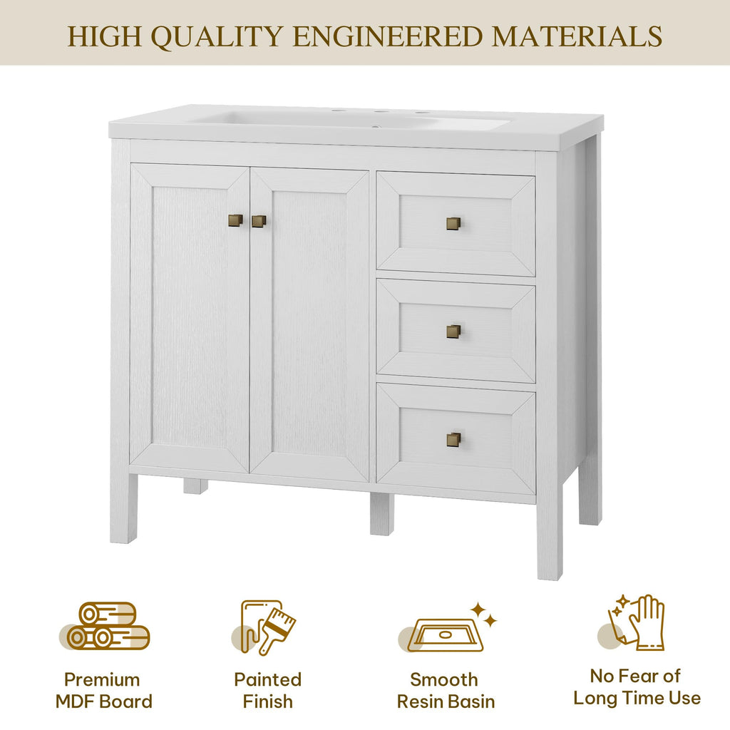 DWVO 36 Inch Bathroom Vanity with Sink, Modern Bathroom Storage Cabinet with Resin Basin, Three Holes, 2 Doors & 3 Drawers