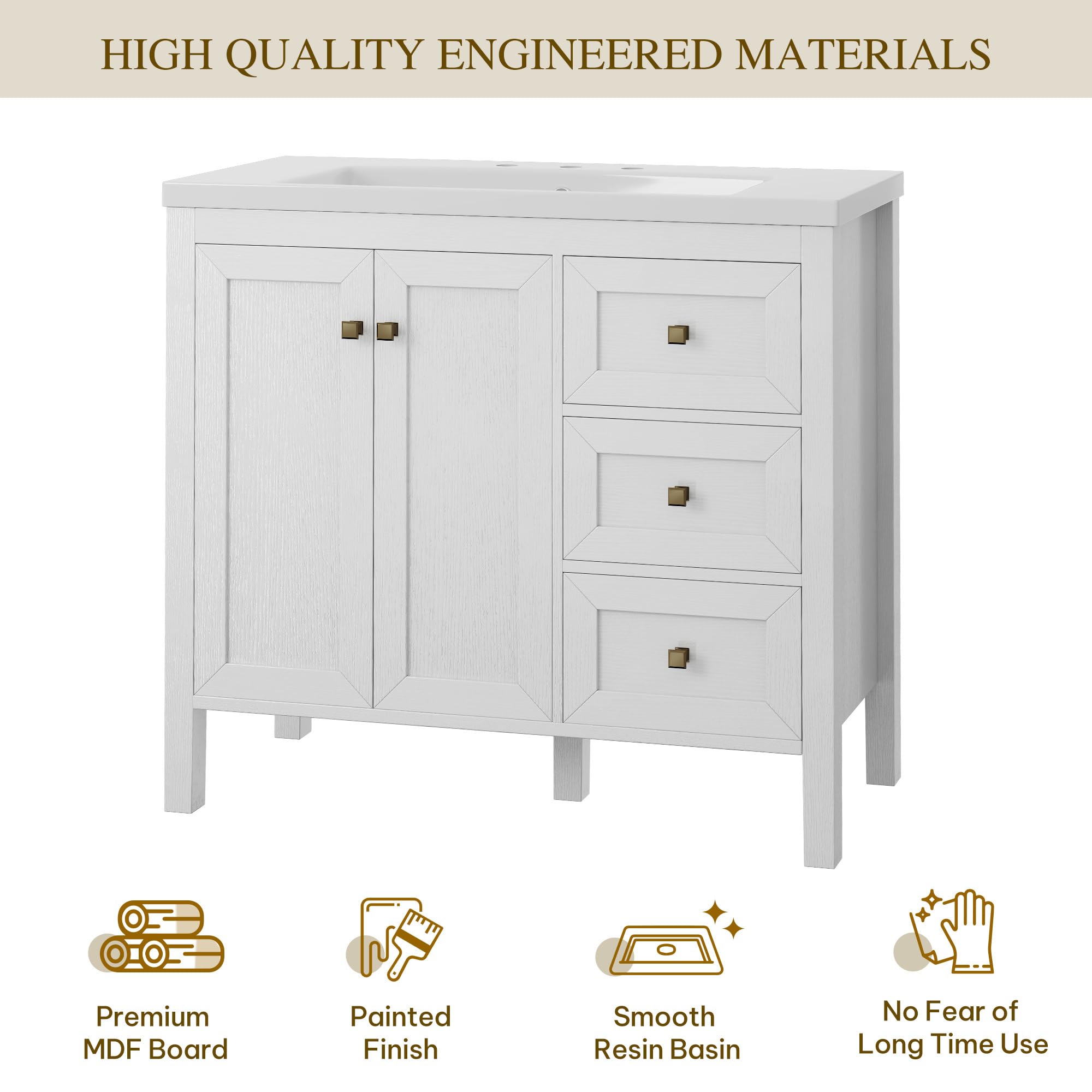 DWVO 36 Inch Bathroom Vanity with Sink, Modern Bathroom Storage Cabinet with Resin Basin, Three Holes, 2 Doors & 3 Drawers