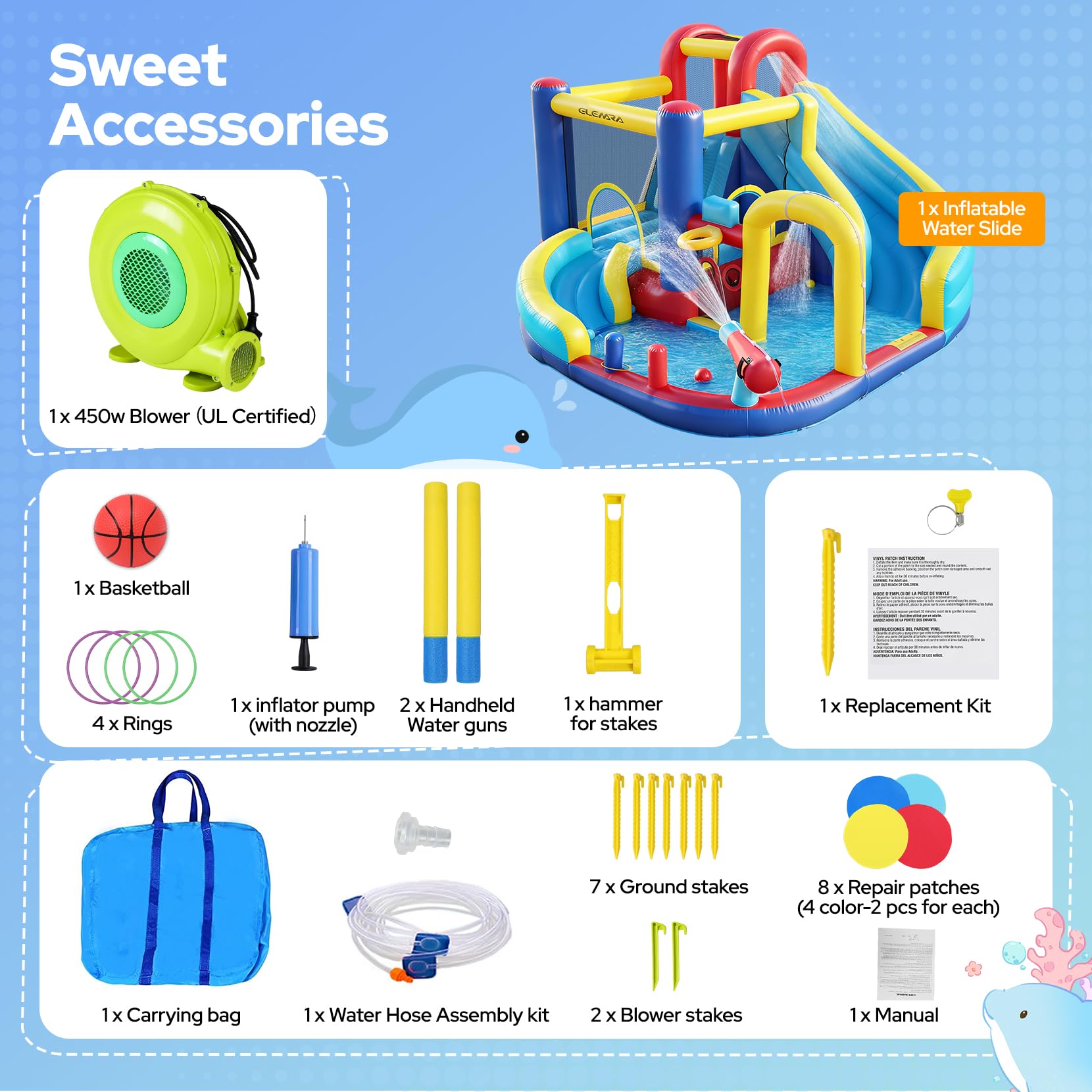 ELEMARA 10 in 1 Inflatable Water Slide Bounce House, Inflatable Bounce House with Blower, Dual Slides & Climbing Walls & Ring-toss Game & 2 Water Guns, Splash Pool, Blow up Water Slide with Blower