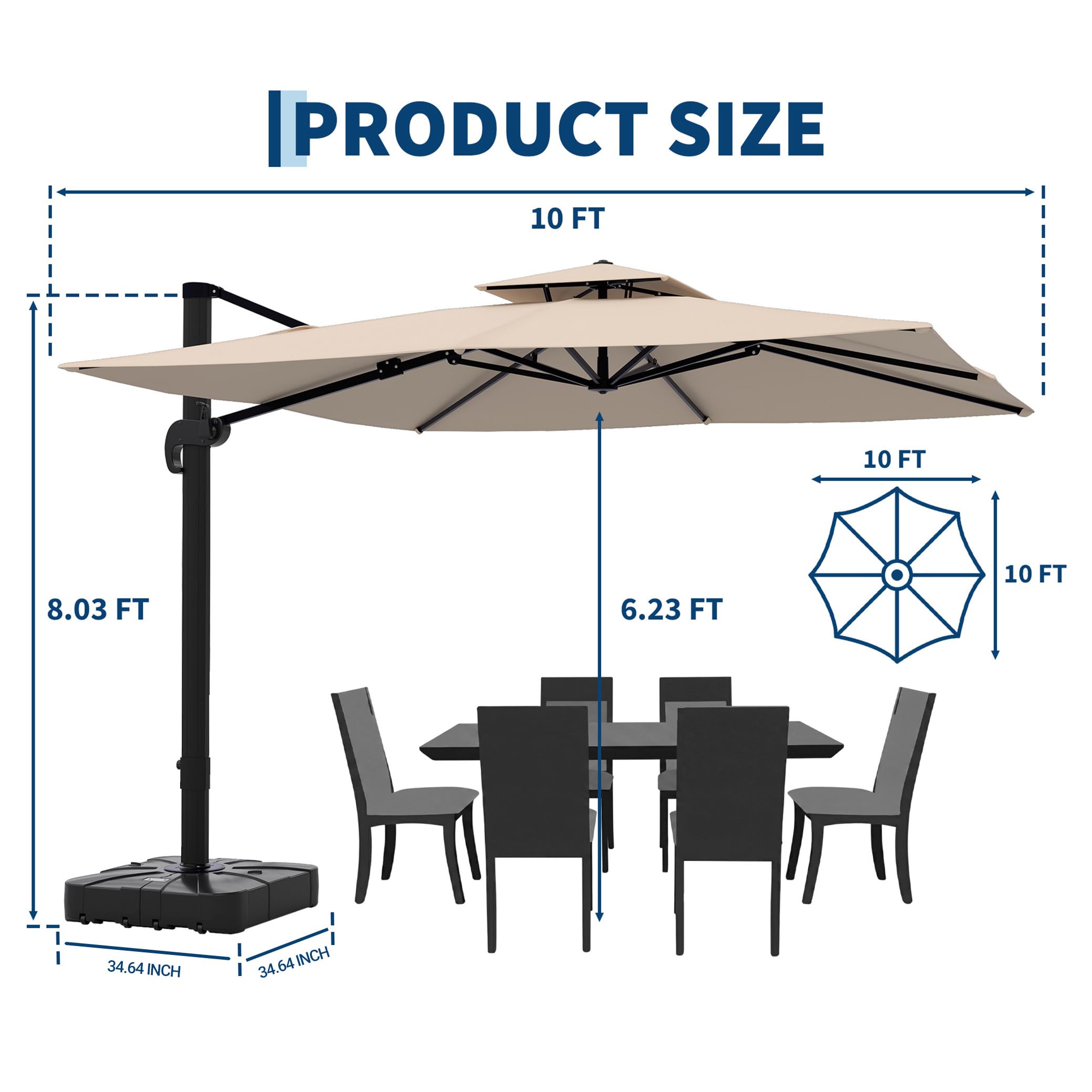 10x10 FT Square Outdoor Umbrella with Base, Cantilever Patio Umbrella with 360° Rotation & Adjustable Height, Heavy Duty Aluminum Umbrella Outdoor Patio for Garden Poolside,Khaki