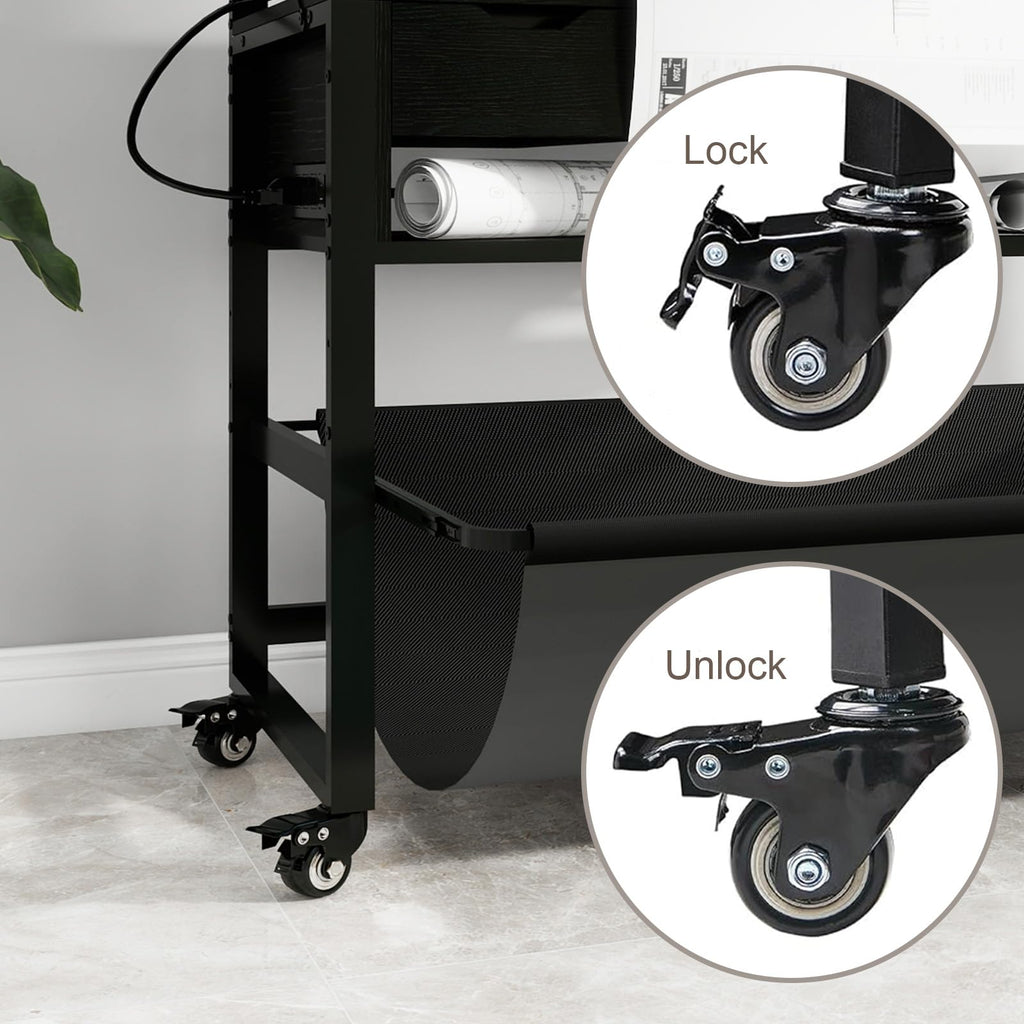 Natwind Wide Format Printer Stand, Plotter Workbench Table with Pull-Out Drafting Storage, Roll Paper Holder, Accessory Drawer, Adjustable Storage Shelf for Plotters and Cutting Machines (Black)