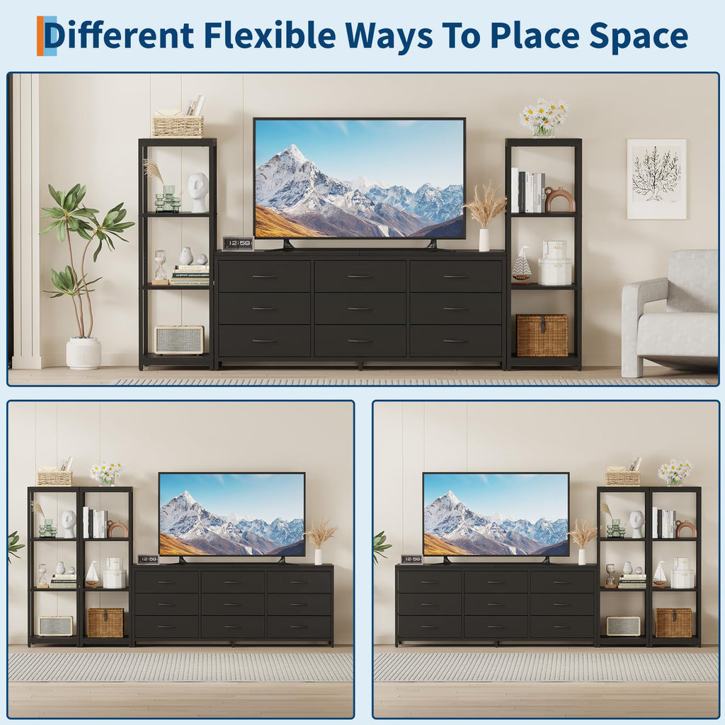 GarveeHome TV Stands Dresser with 9 Fabric Drawers, Large Entertainment Center with 2 Industrial 4-Tier Storage Shelves, Modern TV Console Cabinet for Living Room