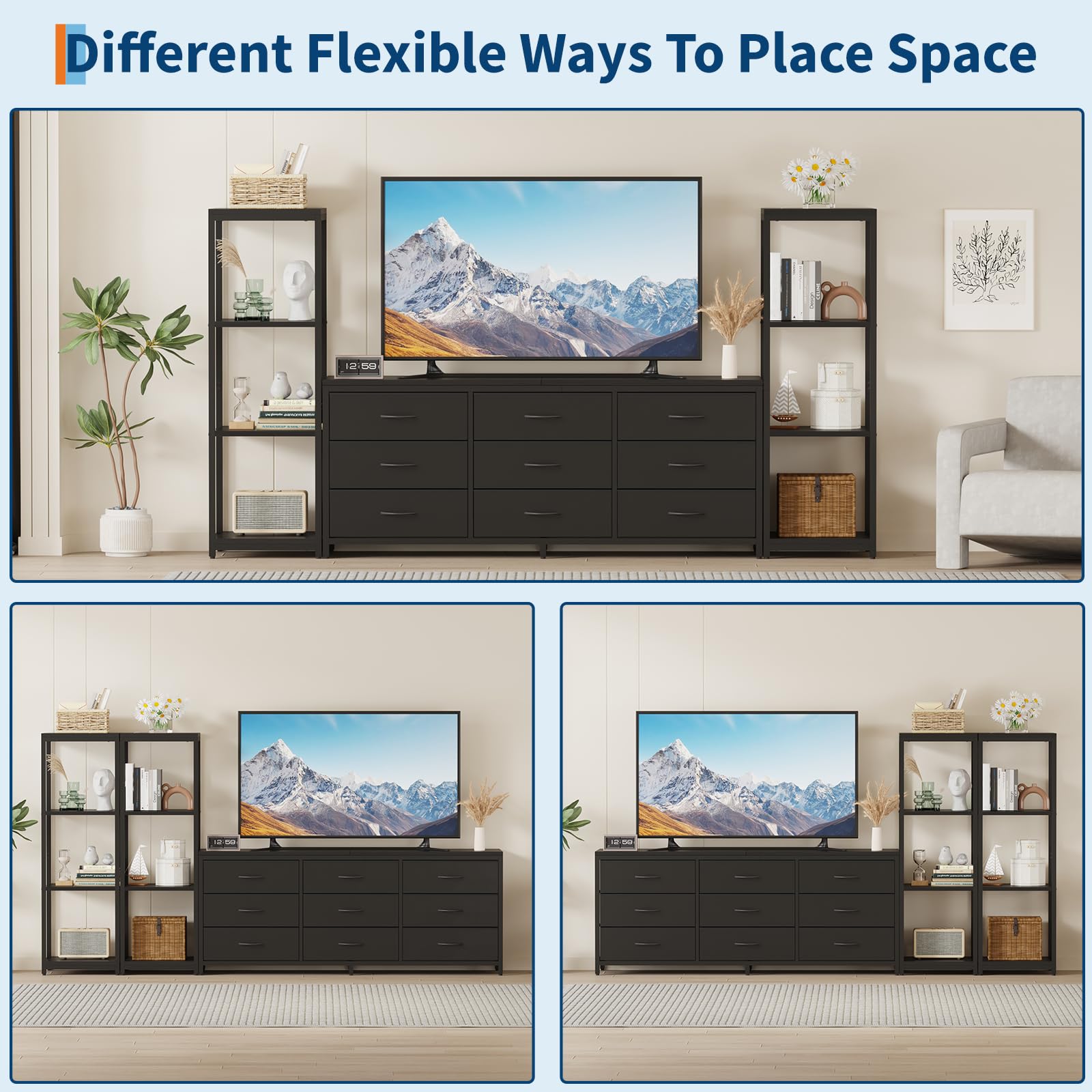 GarveeHome TV Stands Dresser with 9 Fabric Drawers, Large Entertainment Center with 2 Industrial 4-Tier Storage Shelves, Modern TV Console Cabinet for Living Room