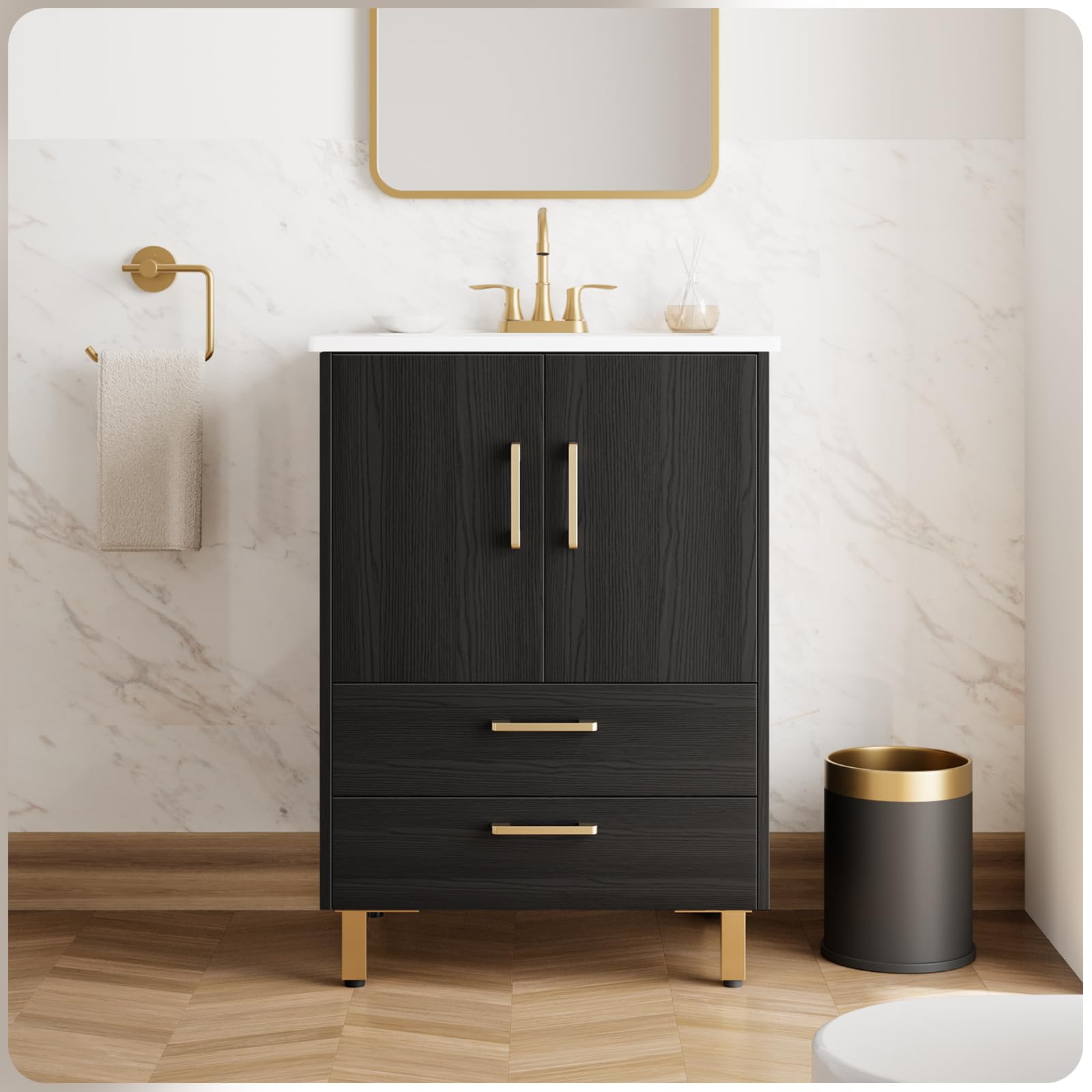 phiestina Fully Pre-Assembled Black 24 inch Bathroom Vanity with Sink, 2 Soft Close Doors and 2 Drawers Bathroom Storage Cabinet Set, with 3 Holes Single Ceramic Sink Combo, Faucet Not Included