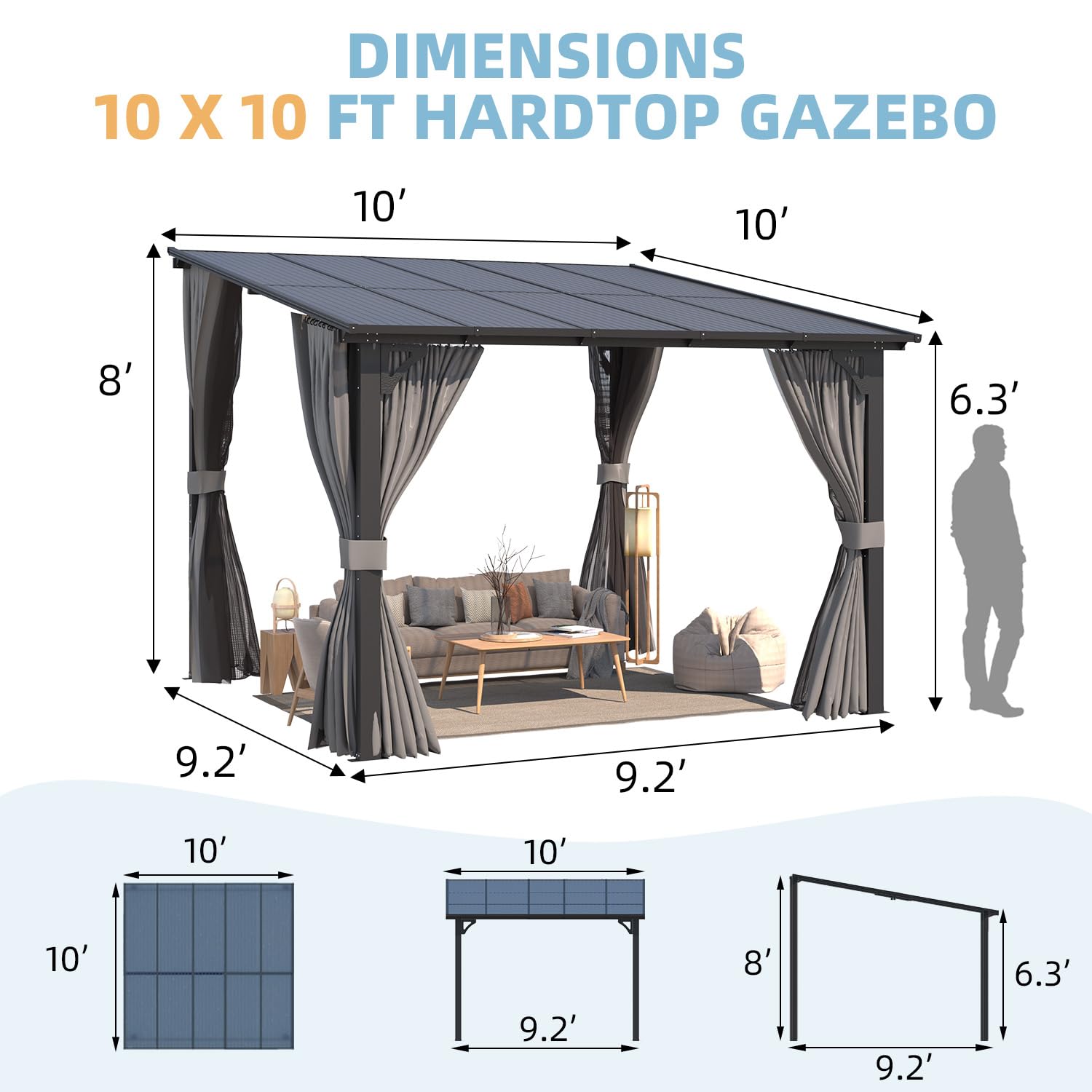 AECOJOY 10’ x 10’ Gazebo, Wall Mounted Gazebos Pergola with Curtains and Mosquito Netting, Enhanced Protective Outdoor Patio Lean to Gazebo Awnings for Deck, Porch, Backyard and Outside