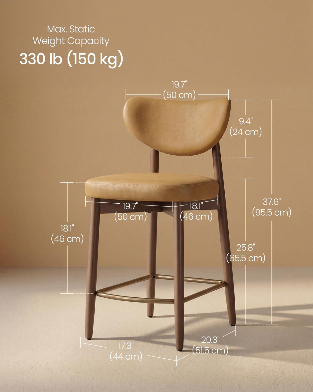 VASAGLE Wooden Bar Stools Set of 4, Upholstered Counter Height Barstools with Solid Wood Legs, Ergonomic Backrest, Mid Century Modern, for Kitchen Island, Synthetic Leather, Caramel Brown
