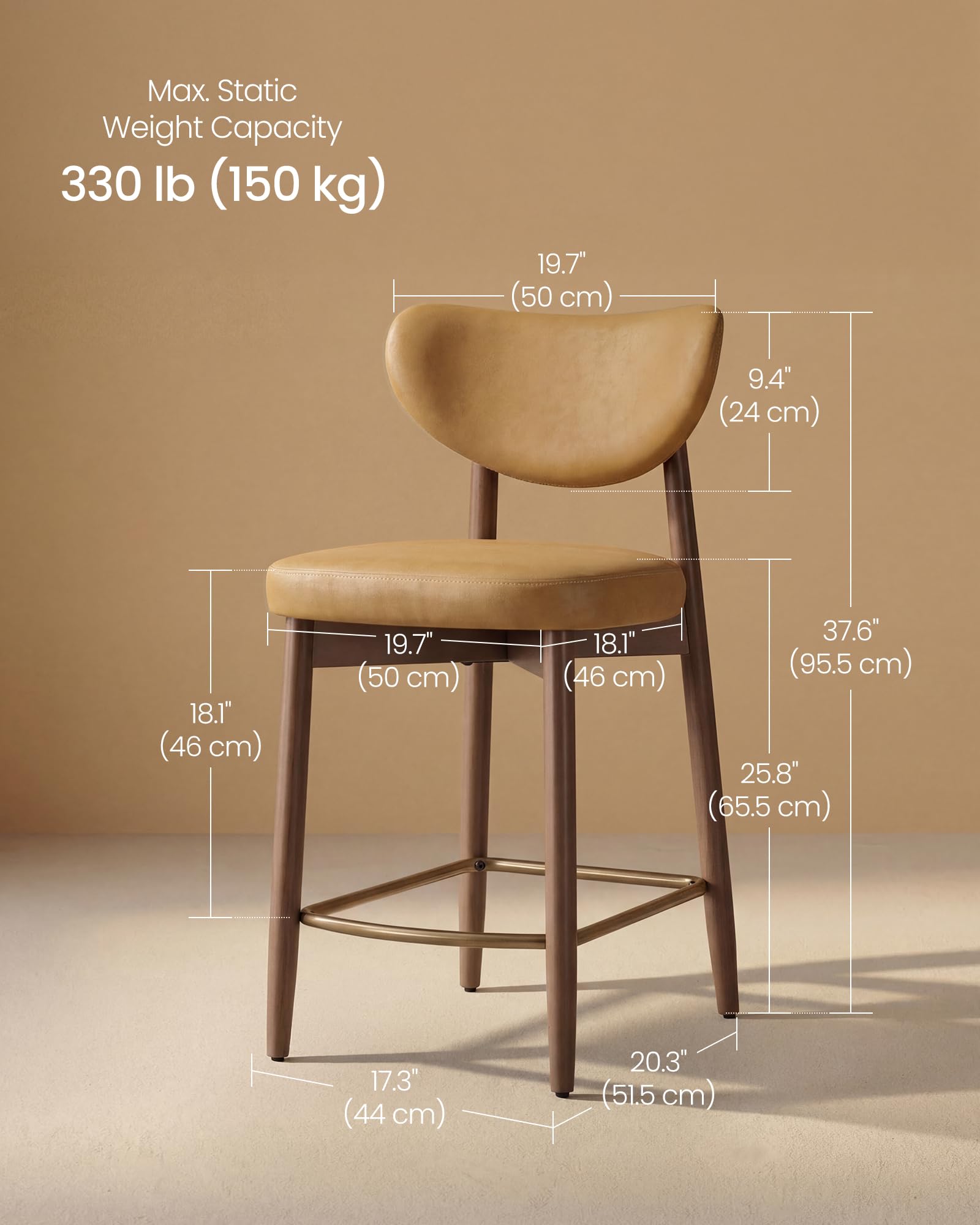 VASAGLE Wooden Bar Stools Set of 4, Upholstered Counter Height Barstools with Solid Wood Legs, Ergonomic Backrest, Mid Century Modern, for Kitchen Island, Synthetic Leather, Caramel Brown