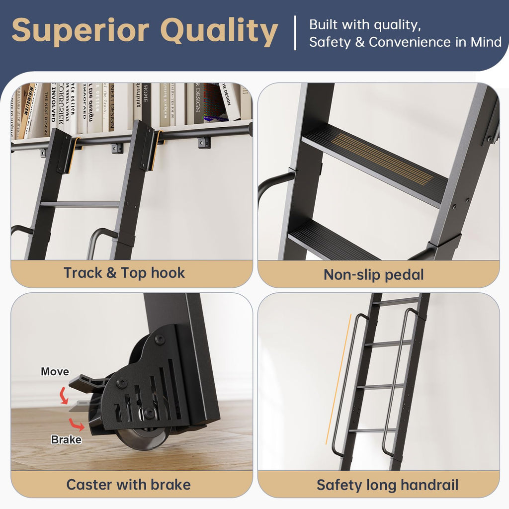 CEAKIAN 8FT Aluminum Rolling Library Ladder with 4FT Sliding Hardware Kit,Telescopic Hook Track with Brake Wheel,7 Steps with Handrail,450lbs Capacity,Black,Easy Assembly,for Loft Bookcase Attic Home
