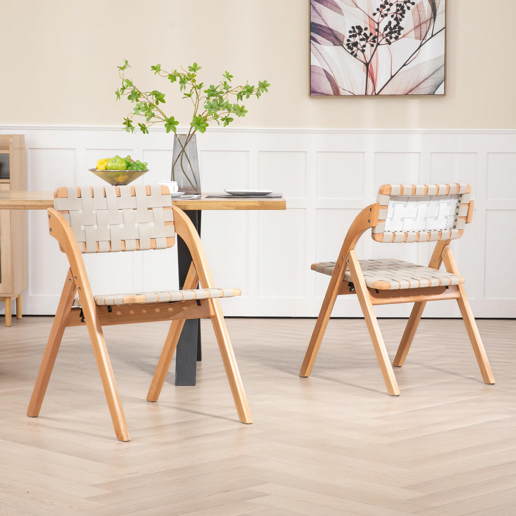HOMEFUN Folding Dining Chairs Set of 2, Wooden Foldable Chair with Leather-Woven Backrest and Widened Seat Extra for Guests Kitchen Office Wedding Picnic Ivory-White