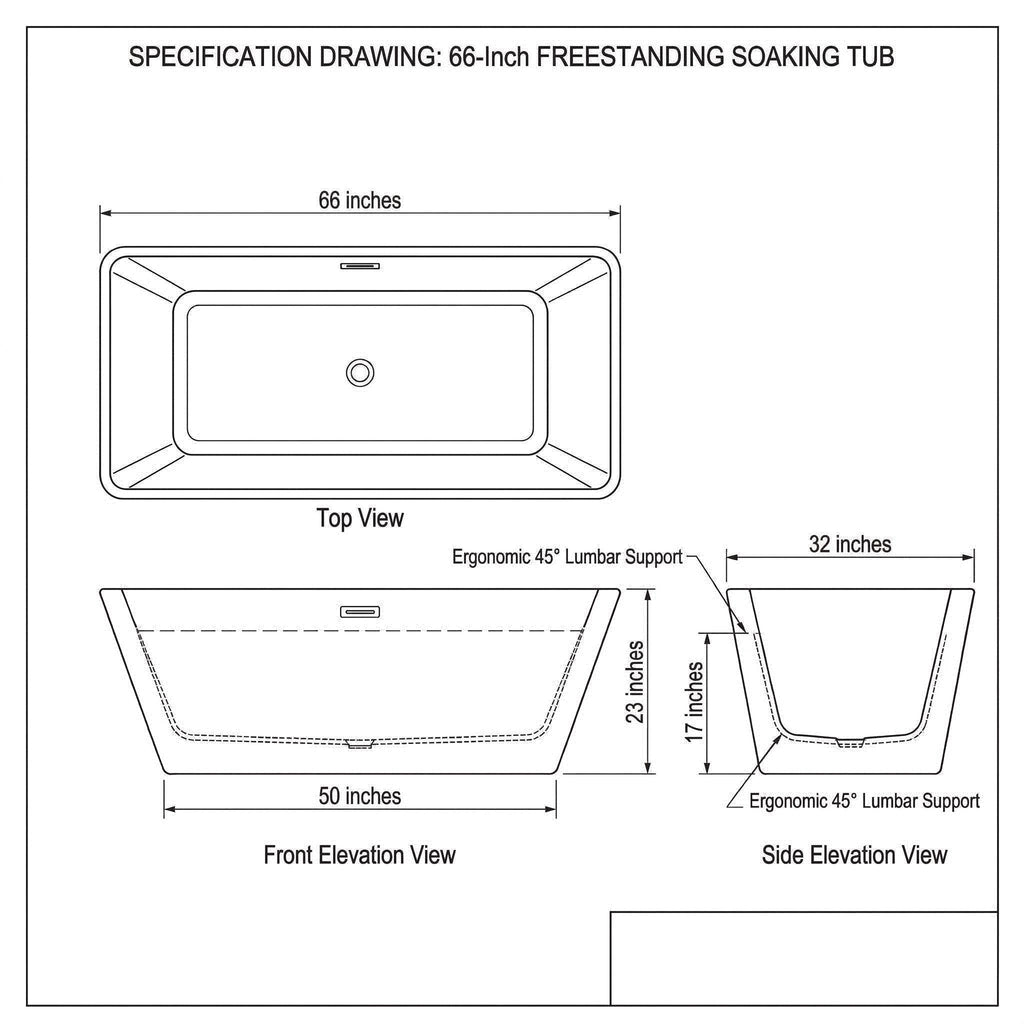 66" Acrylic Freestanding Soaking Bathtub, Matte Drain & Black Overflow, Modern Design Tub for Home Bathroom Renovations, Glossy White