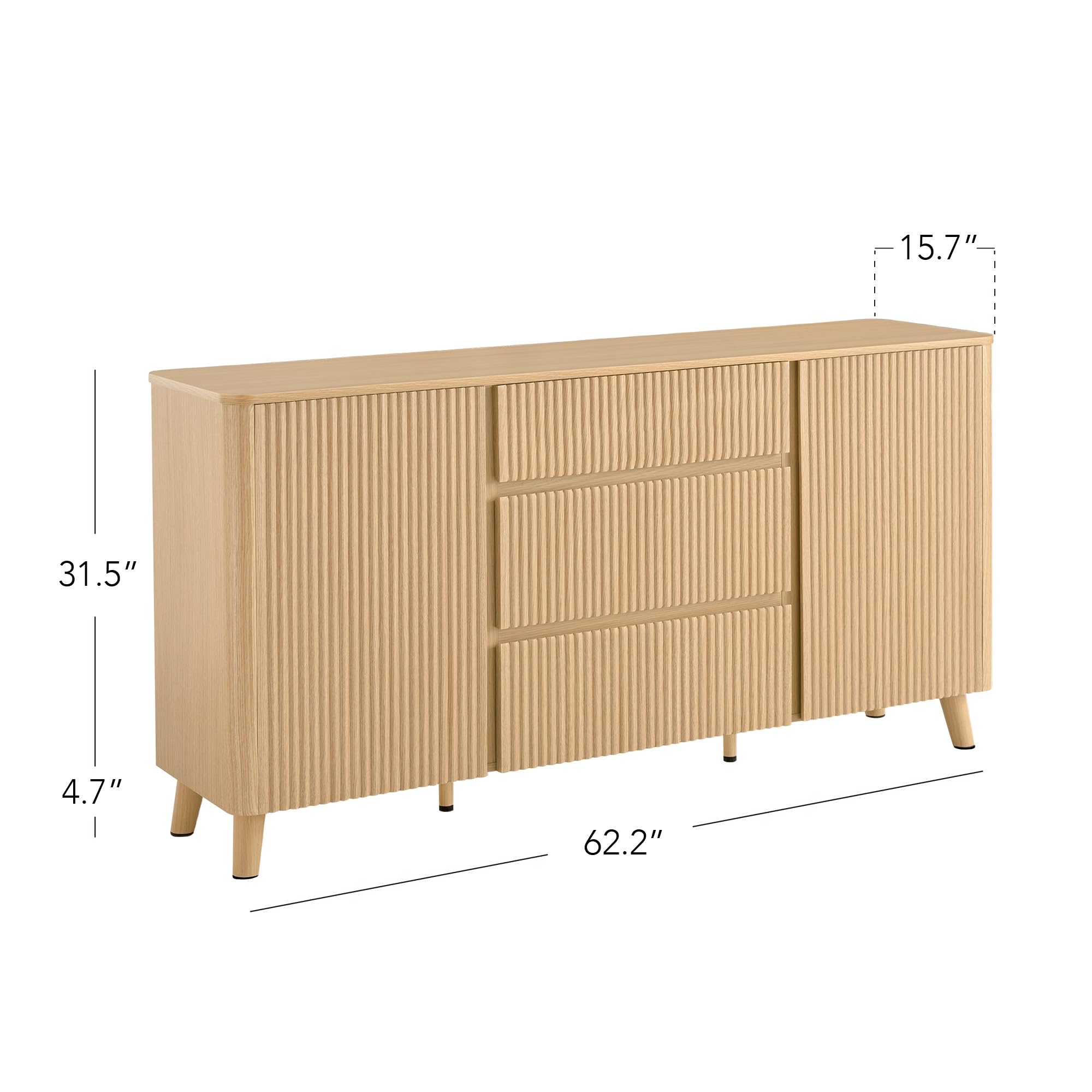 CHITA 62" Sideboard Buffet Cabinet with Storage, Fluted Cabinet with Drawers, Natural Oak