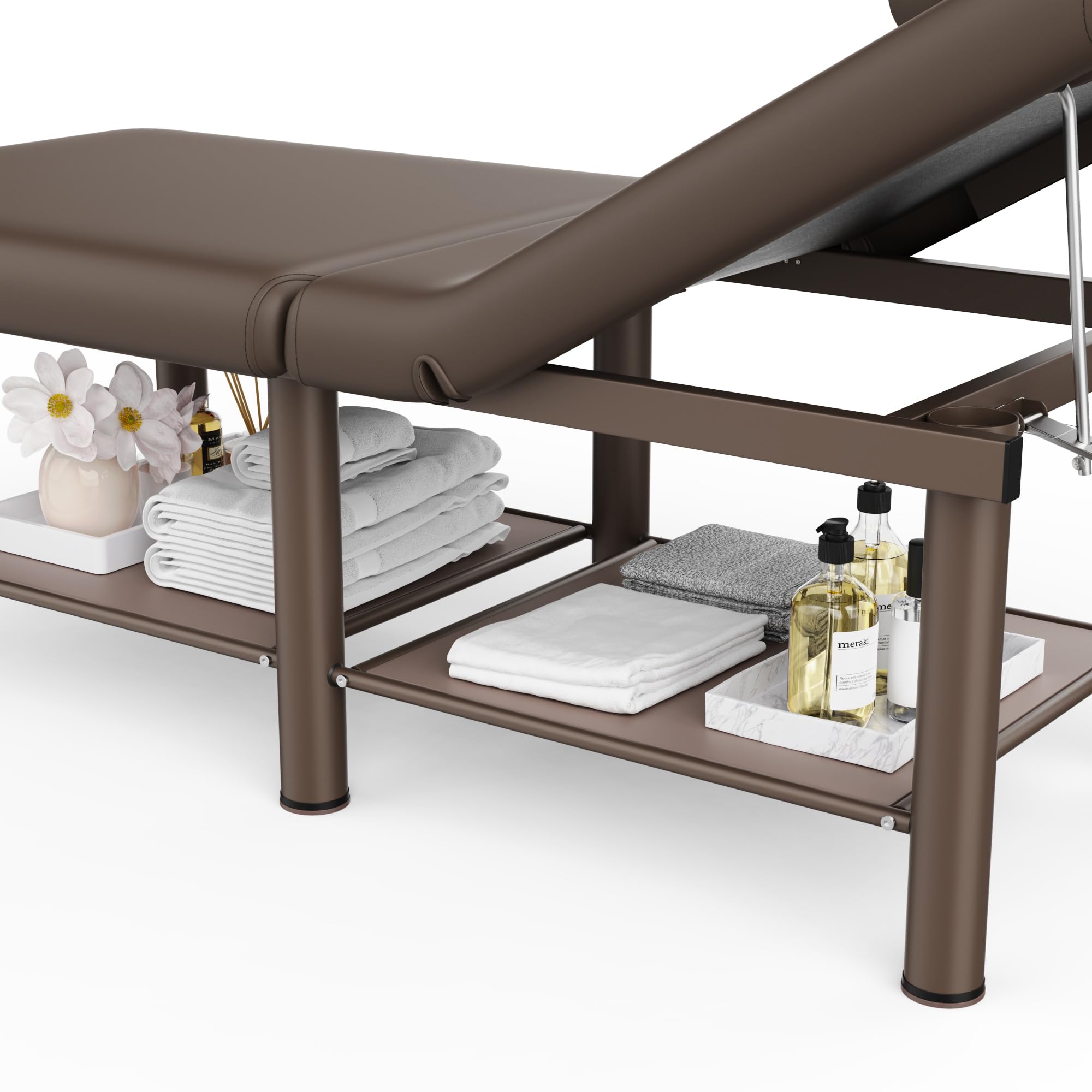 Folding Stationary Massage Table with Backrest and Storage Space for Treatment Table Physical Therapy Table Spa Facial Bed, 6 Round legs Metal Frame PU Leather, 30.5'' Wide × 75'' Long - Brown