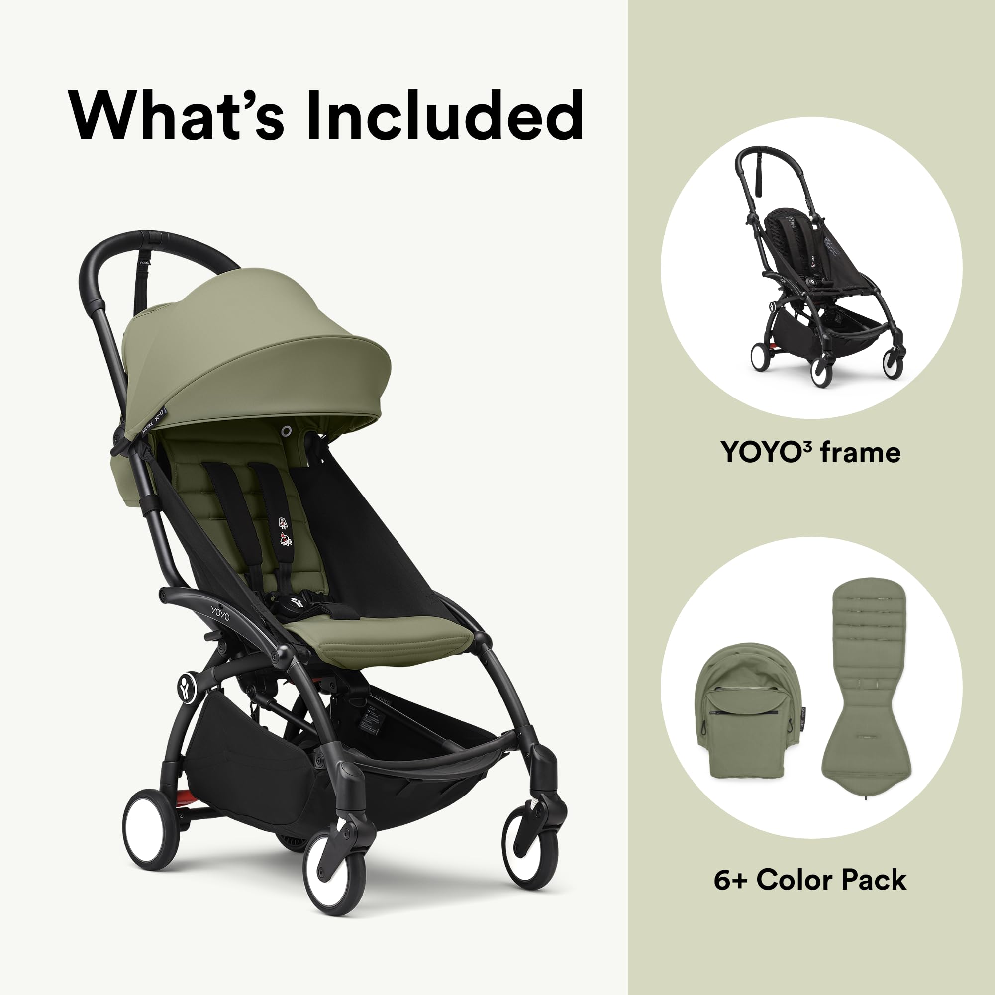 Stokke YOYO3 Stroller from 6 Months - Includes Black Frame/Olive Seat Cushion + Canopy - Folds in & Out in a Flash - Light & Compact - Carry-On Compatible