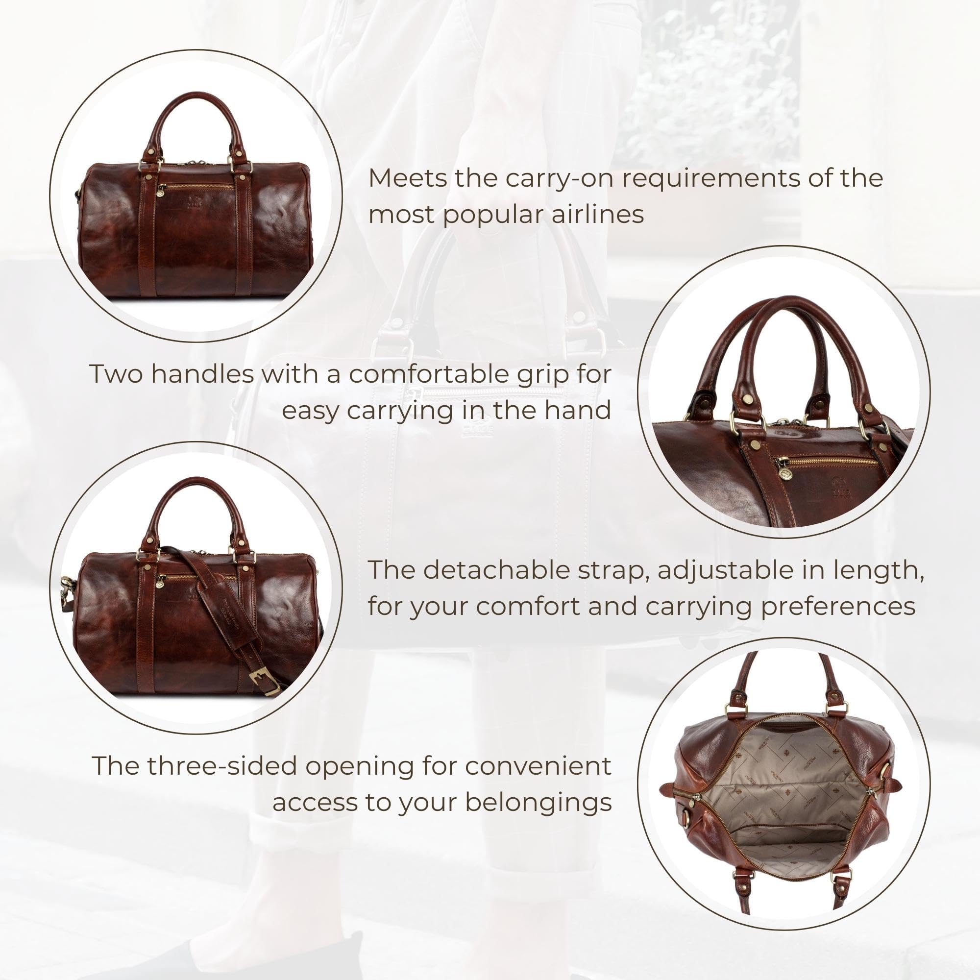 Time Resistance Full Grain Leather Small Duffel Bag - Gym Weekender Overnight Bag (Brown)