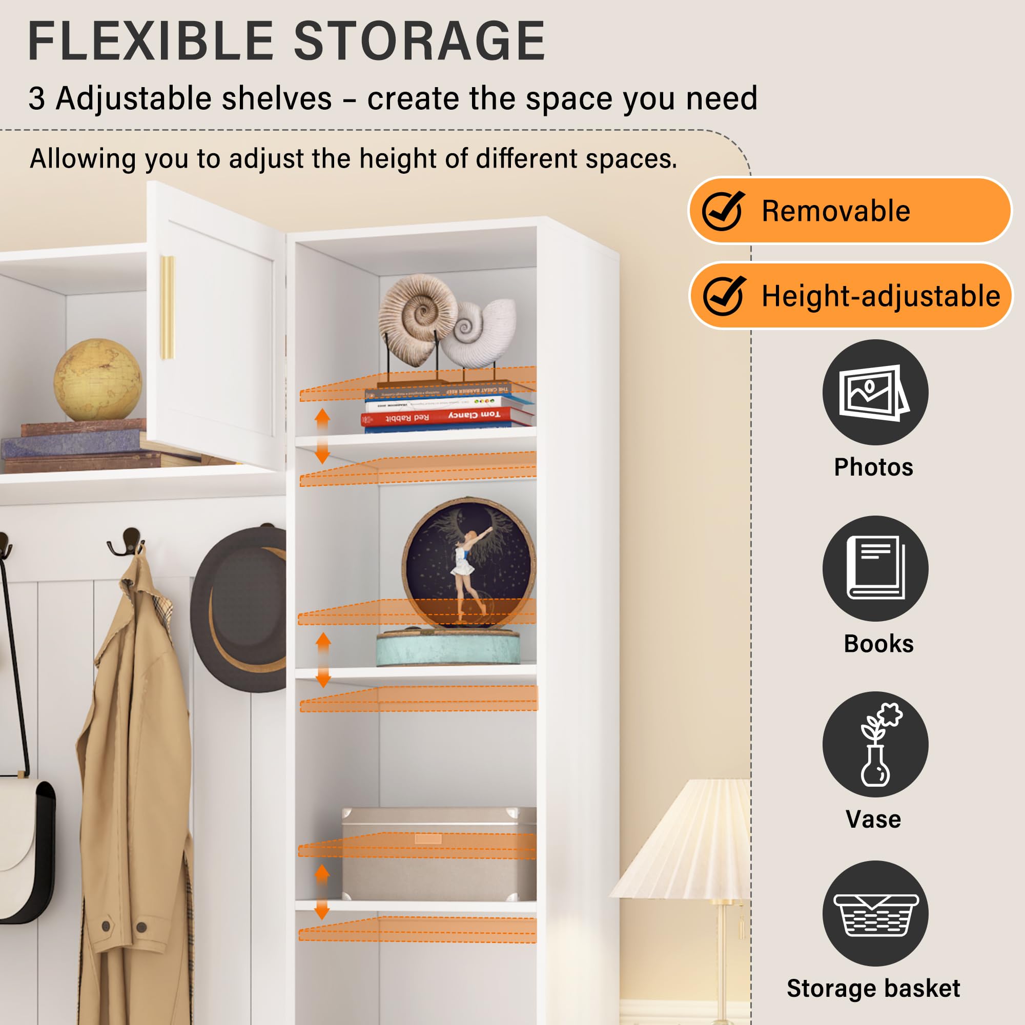 Amposei 94.49’’W Extra Large Hall Tree Cabinet with 6 Doors & 3 Drawers, Tall Entryway Organizer Shoe Storage Bench with 4 Coat Hooks & 6 Open Cubbies for Hallway Mudroom Living Room, White
