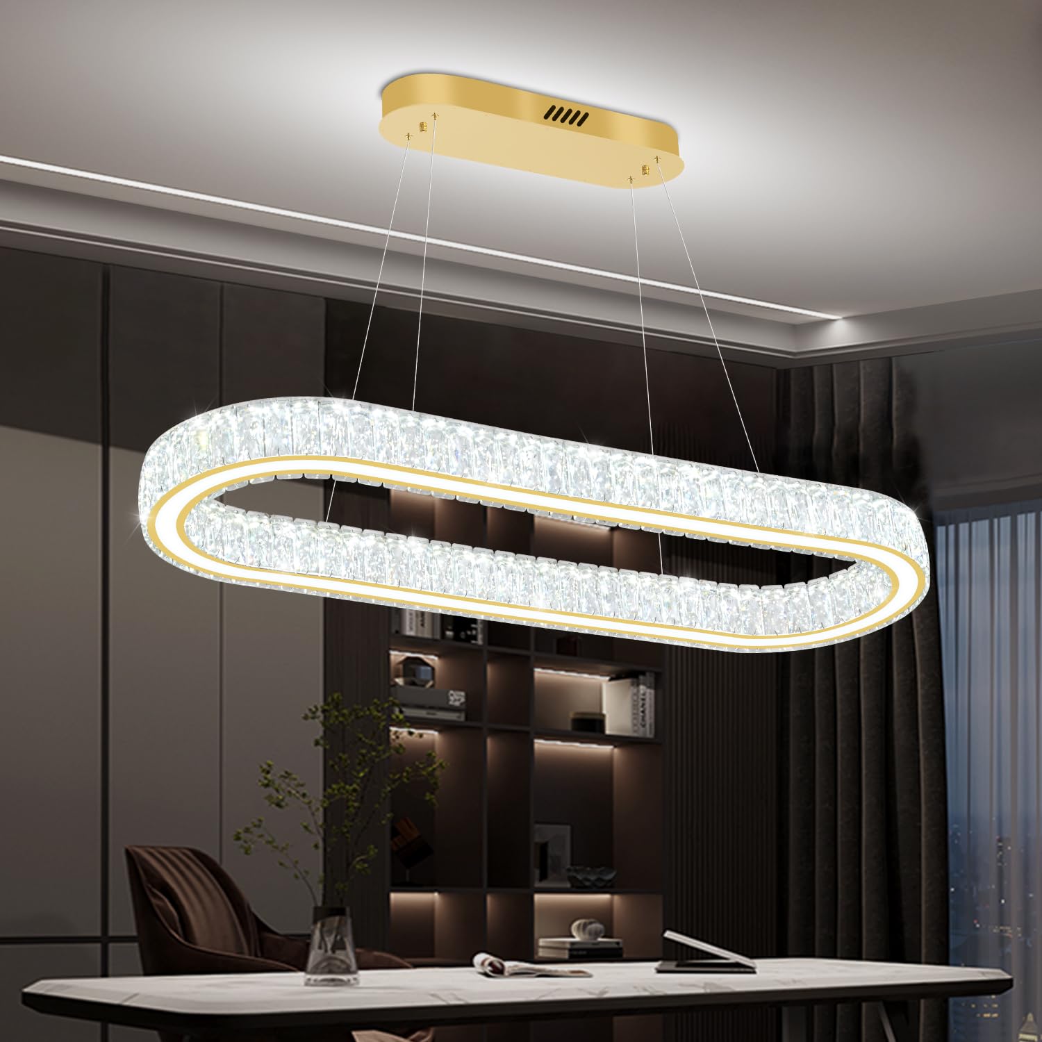 IDEQUY Gold 40in Crystal Ring Chandeliers for Dining Room Dimmable Linear Oval Crystal Ring Pendant Light for Kitchen Island 1 Linear Chandelier LED Acrylic Pendant Lighting
