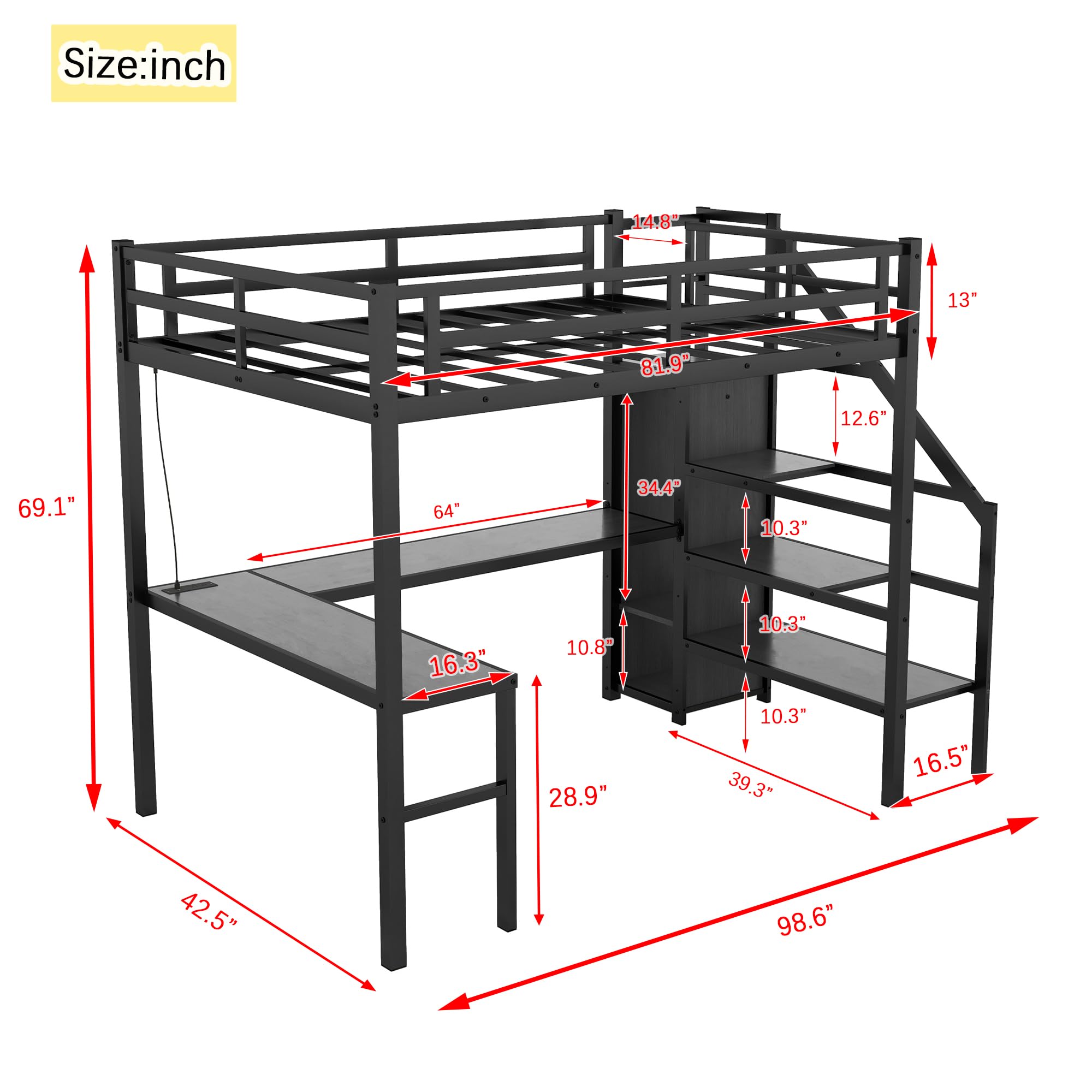 Heavy Duty Metal Loft Bed with Twin XL Size, Desk, Wardrobe & Storage Stairs, LED Charging Station, Space Saving for Kids, Teens & Adults - Black