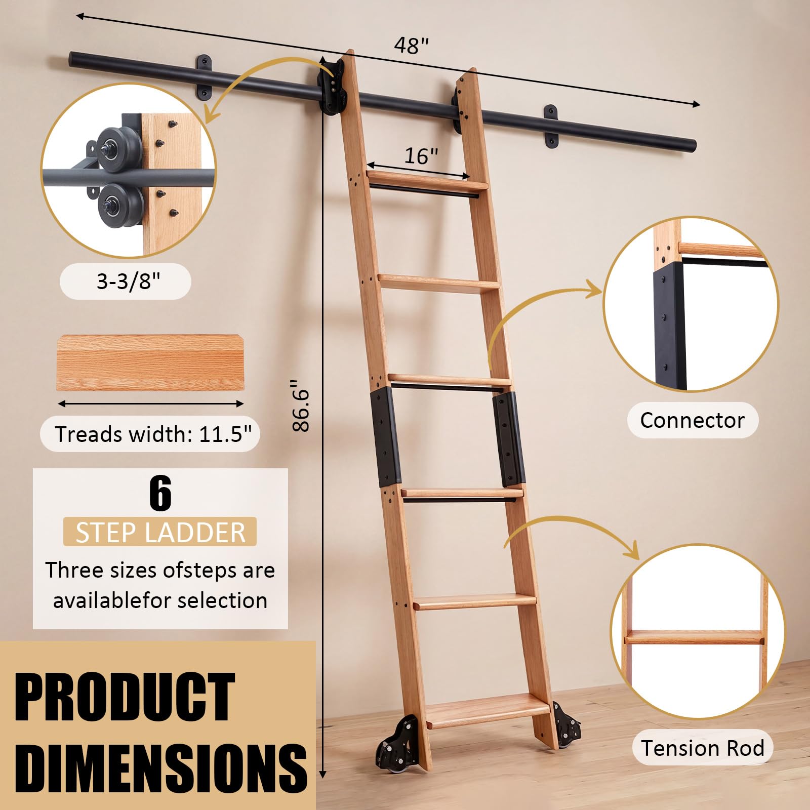 Leinuosen 86 Inch Rolling Library Ladder with 4FT Track Kit, Solid Oak Wood Ladder with Braking Wheels, Sliding Kit for Home, Bookshelf, Loft(Suitable for Installation Height 80-3/4")