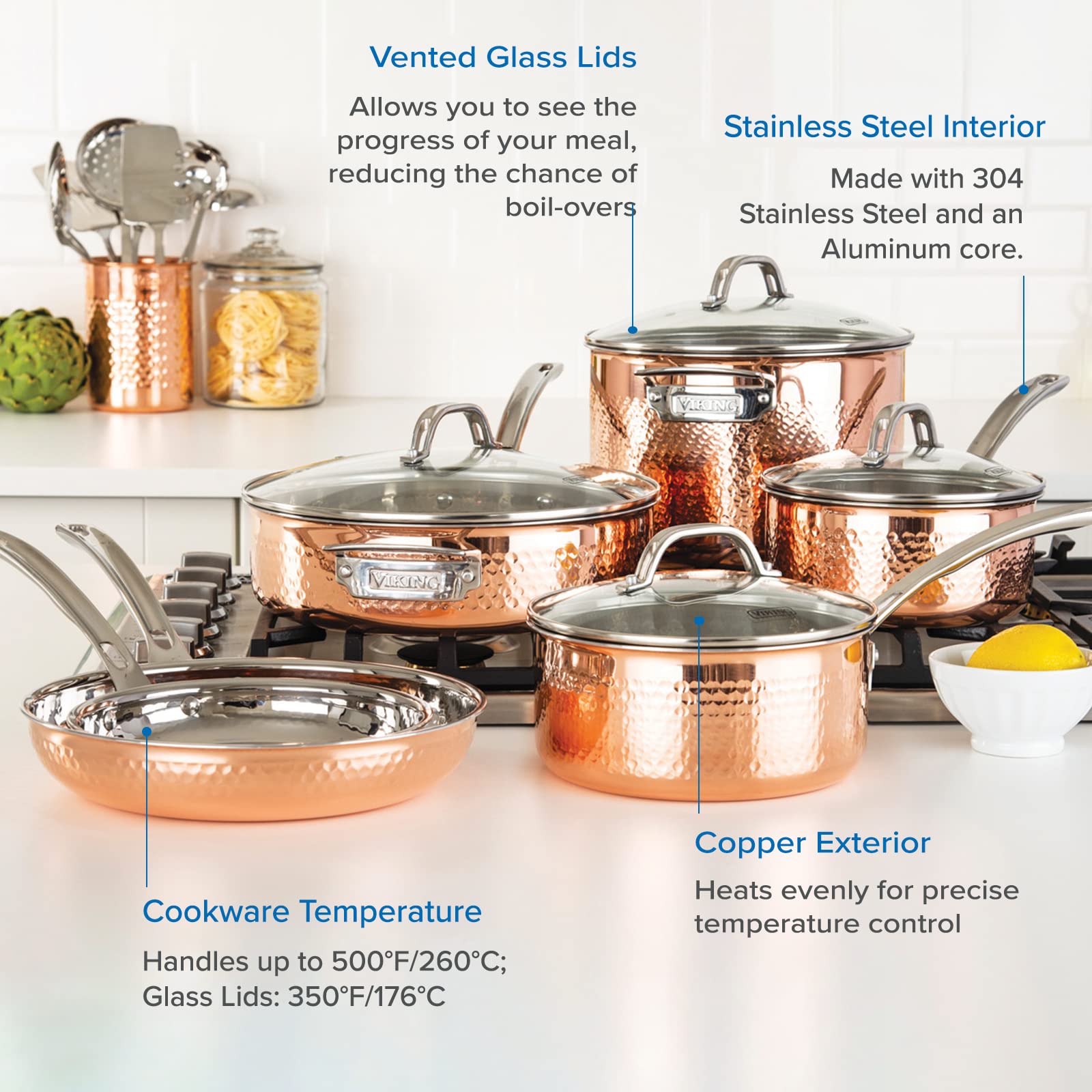 Viking Culinary 3-Ply Stainless Steel Hammered Copper Clad Cookware Set, 10 Piece, Oven Safe & Culinary 304 Stainless Steel Kitchen Utensil Set, Ergonomic Stay-Cool Handles