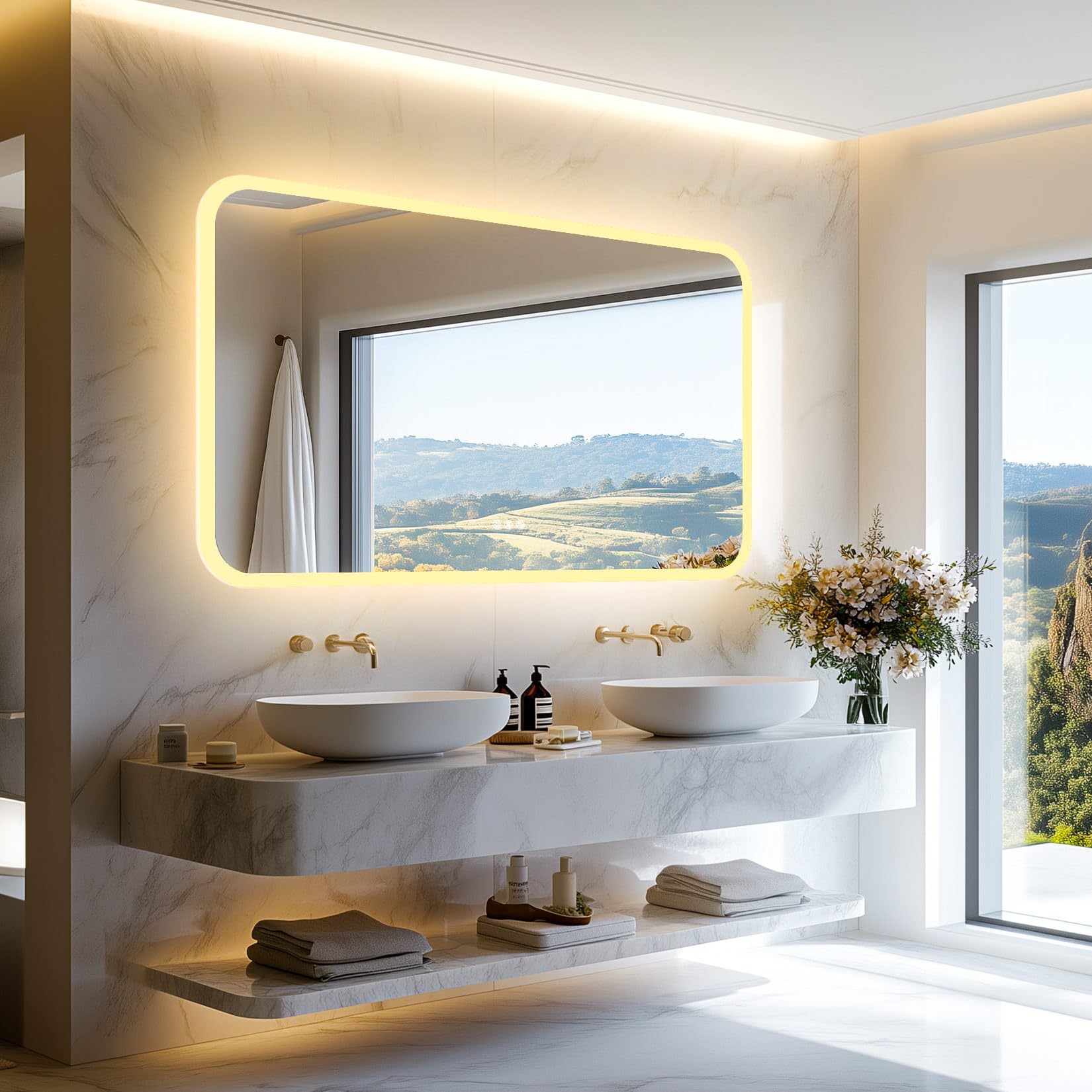 LUVODI Rectangle LED Bathroom Mirror: Smart Bluetooth Vanity Mirror Front-Lit Defogger Stepless Dimming, 27.6x47.3 inch