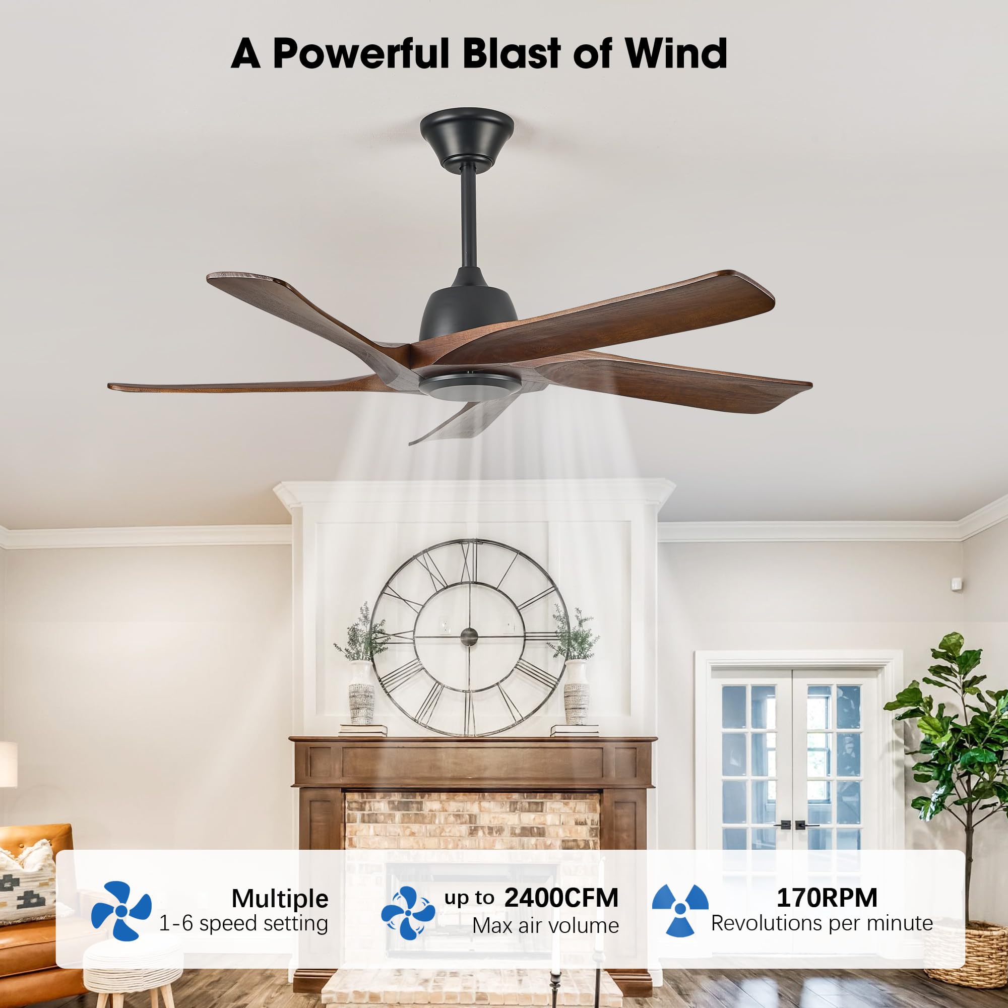 LVYEAYOU 52 Inch Solid Wood Ceiling Fan No Lights, Remote and APP Control, DC Motor, 6-speed Reversible, for Bedroom, Living Room, Office, Dark Walnut