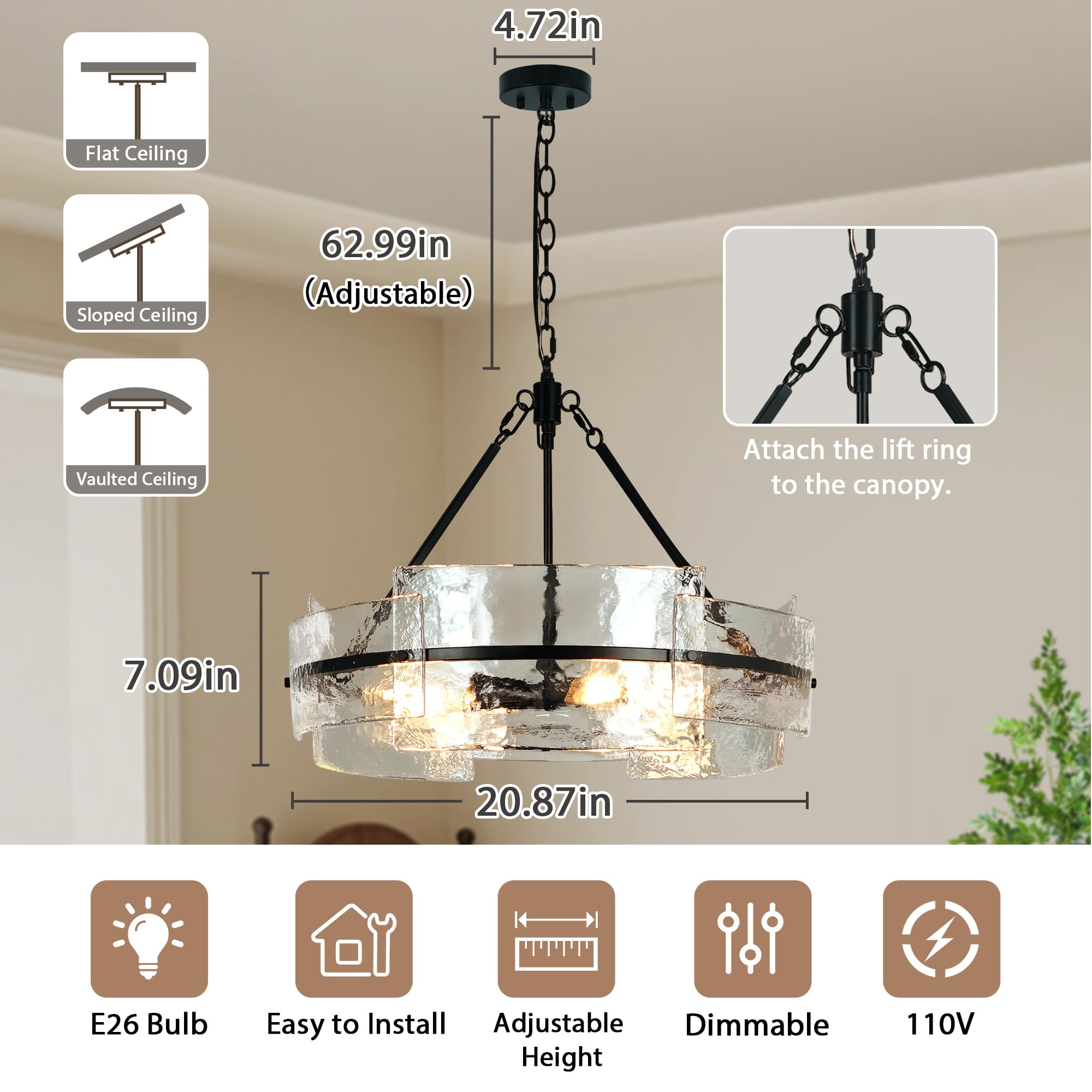 Water Textured Black Glass Drum Chandelier,Glass Chandeliers for Dining Room 20.8" Round Chandelier Dining Room Light Fixtures Over Table Modern Farmhouse Glass Pendant Light for Living Room Foyer