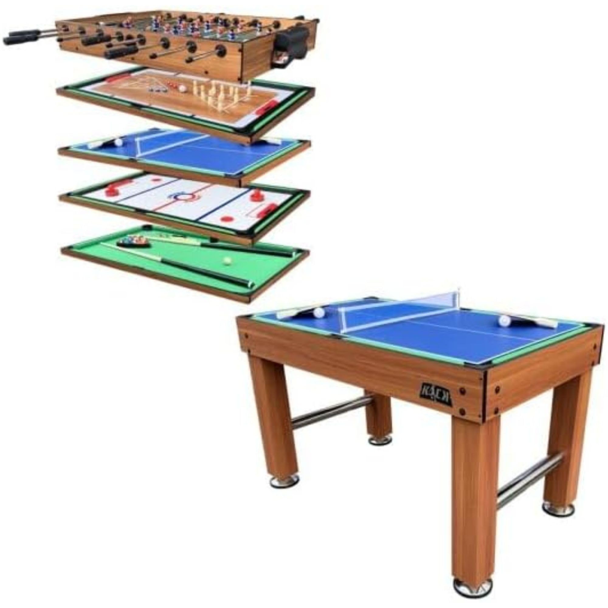 KICK Pentacle 55" 5-in-1 Multi Game Table (Brown) – Foosball, Billiards/Pool, Push Hockey, Shuffleboard & Bowling