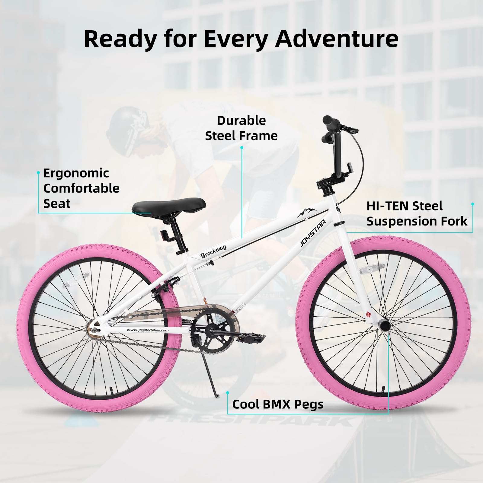 JOYSTAR 24 Inch Kids Bike Freestyle BMX Bikes for 8-12 Years Boys Girls and Beginner Riders, 24 Inch Bikes with Pink Tires, White Frame