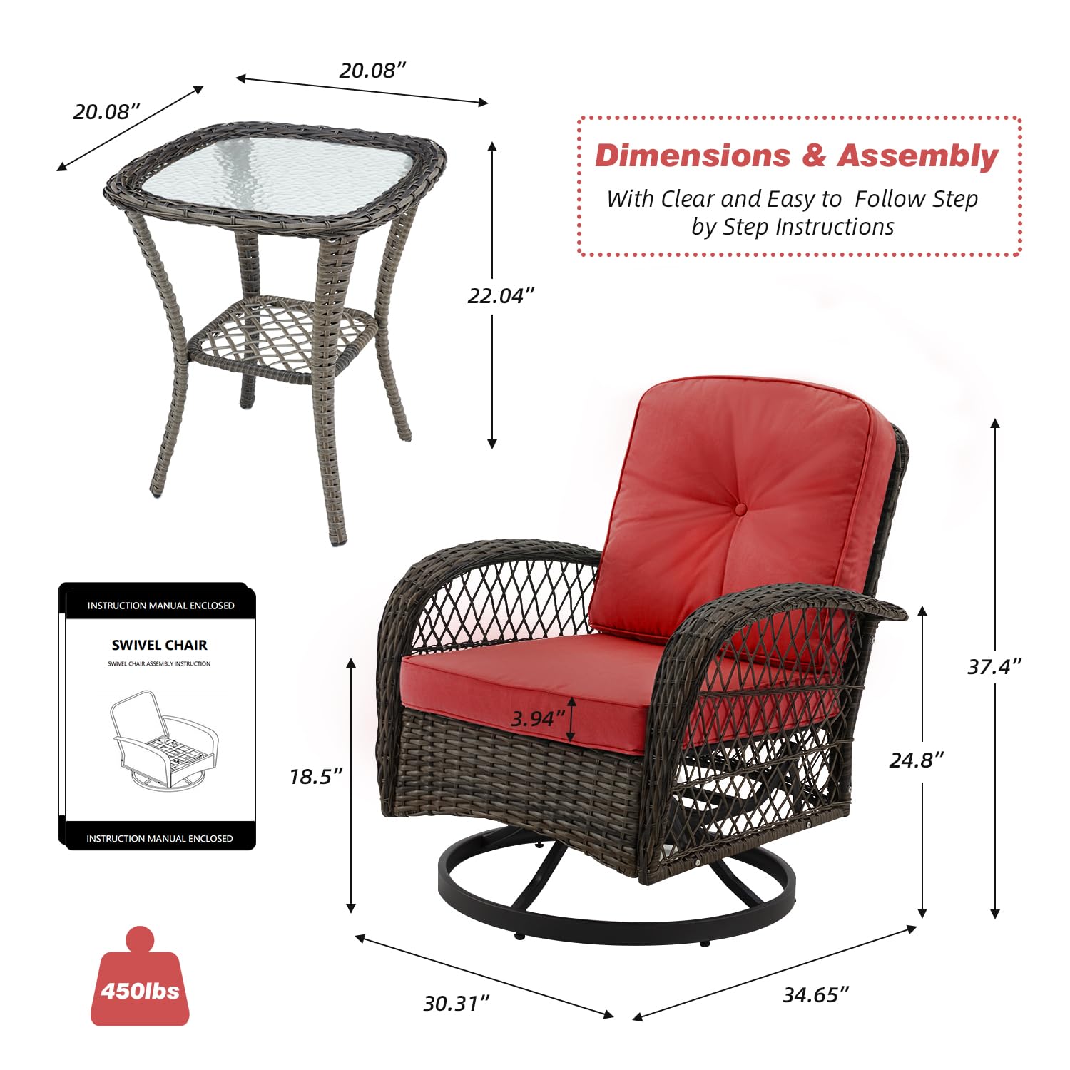 MELLCOM 3 Pieces Patio Furniture Set, Outdoor Swivel Rocker Patio Chairs, Wicker Patio Bistro Set with Rocking Chair, Thickened Cushions and Glass Coffee Table for Backyard, Garden, Wine Red